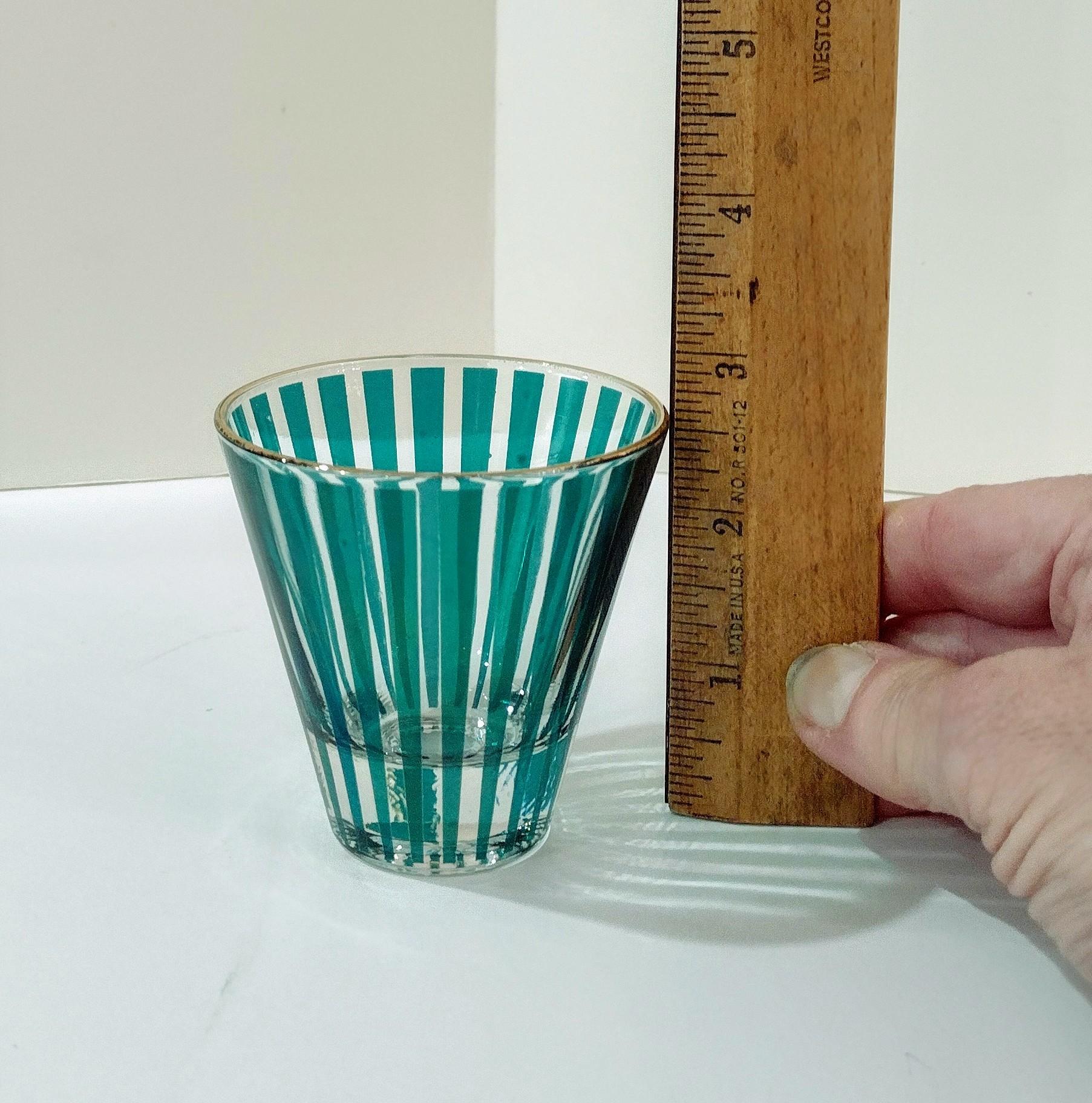 Vintage Jeanette Glass Carousel Emerald Green Striped Small Cocktail Shot Glasses, Set of Three, Art Deco Barware