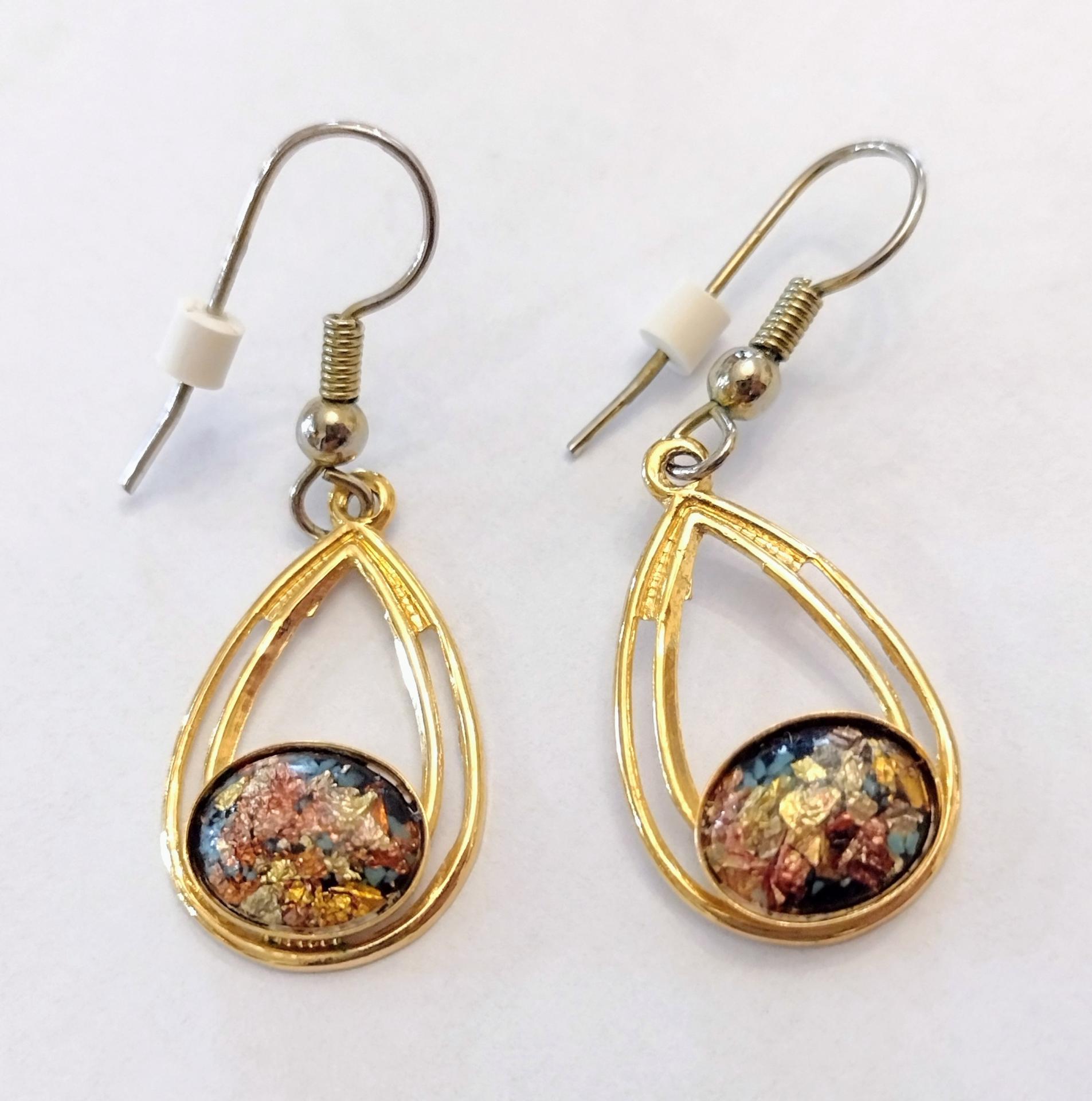 Vintage Gold Foiled Glass Teardrop Dangle Earrings