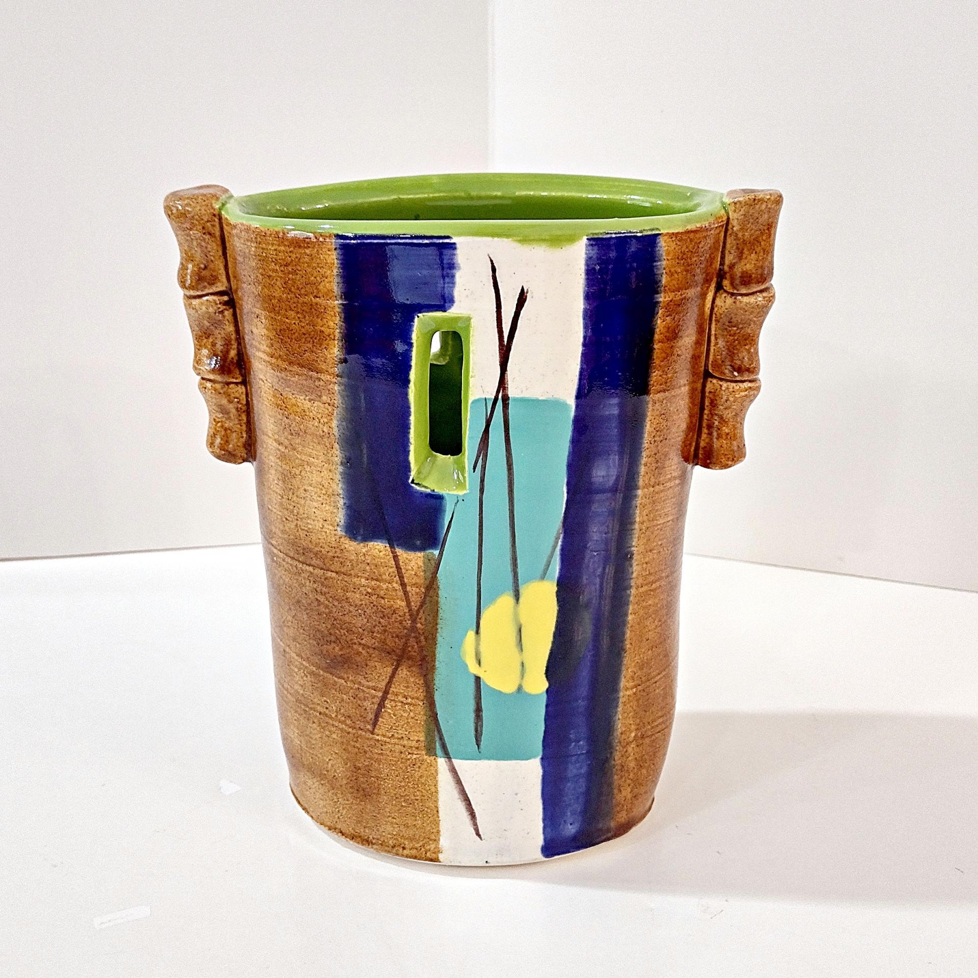 Vintage Hand Crafted Abstract Ceramic Vase or Utensil Holder, Blue Green Yellow Brown Signed Studio Pottery Vessel