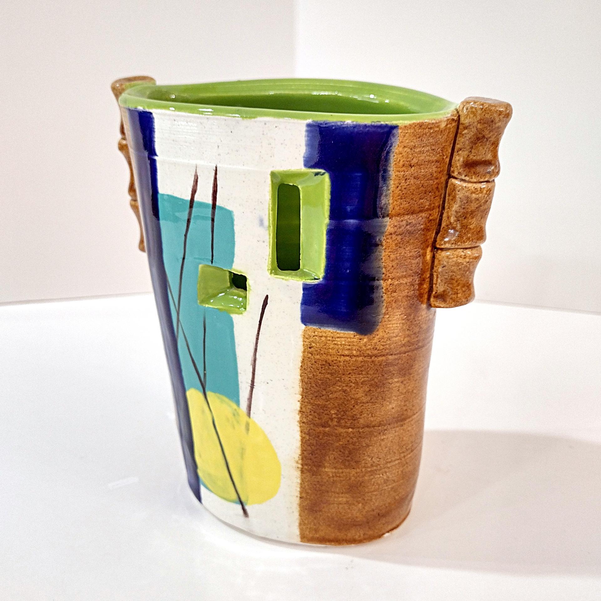 Vintage Hand Crafted Abstract Ceramic Vase or Utensil Holder, Blue Green Yellow Brown Signed Studio Pottery Vessel