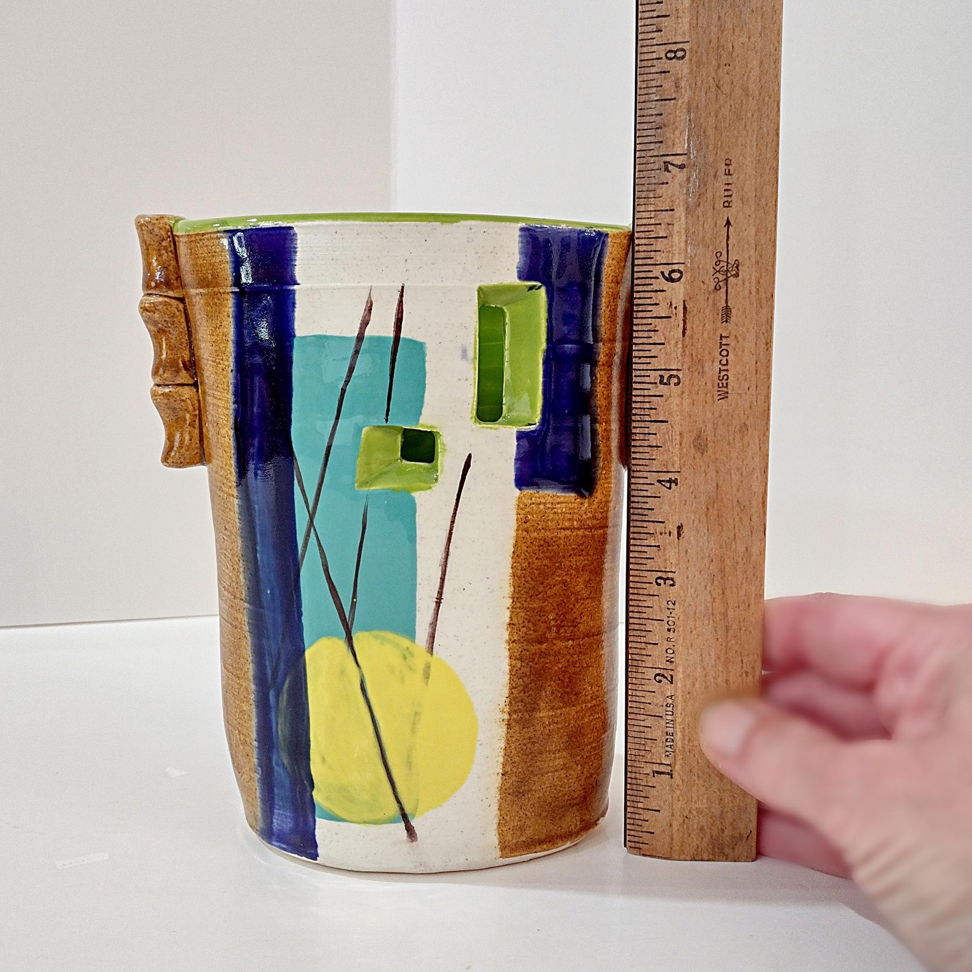 Vintage Hand Crafted Abstract Ceramic Vase or Utensil Holder, Blue Green Yellow Brown Signed Studio Pottery Vessel