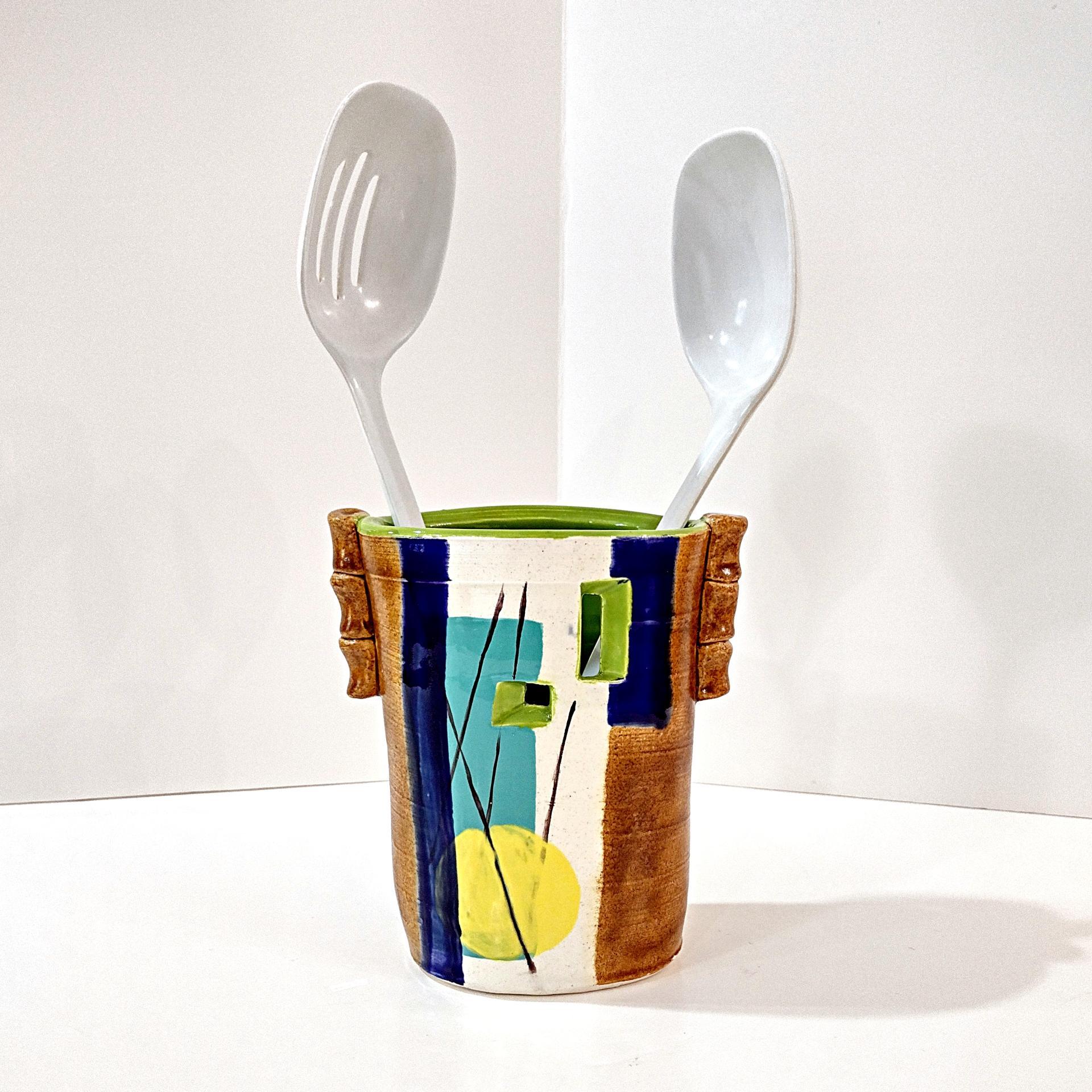 Vintage Hand Crafted Abstract Ceramic Vase or Utensil Holder, Blue Green Yellow Brown Signed Studio Pottery Vessel