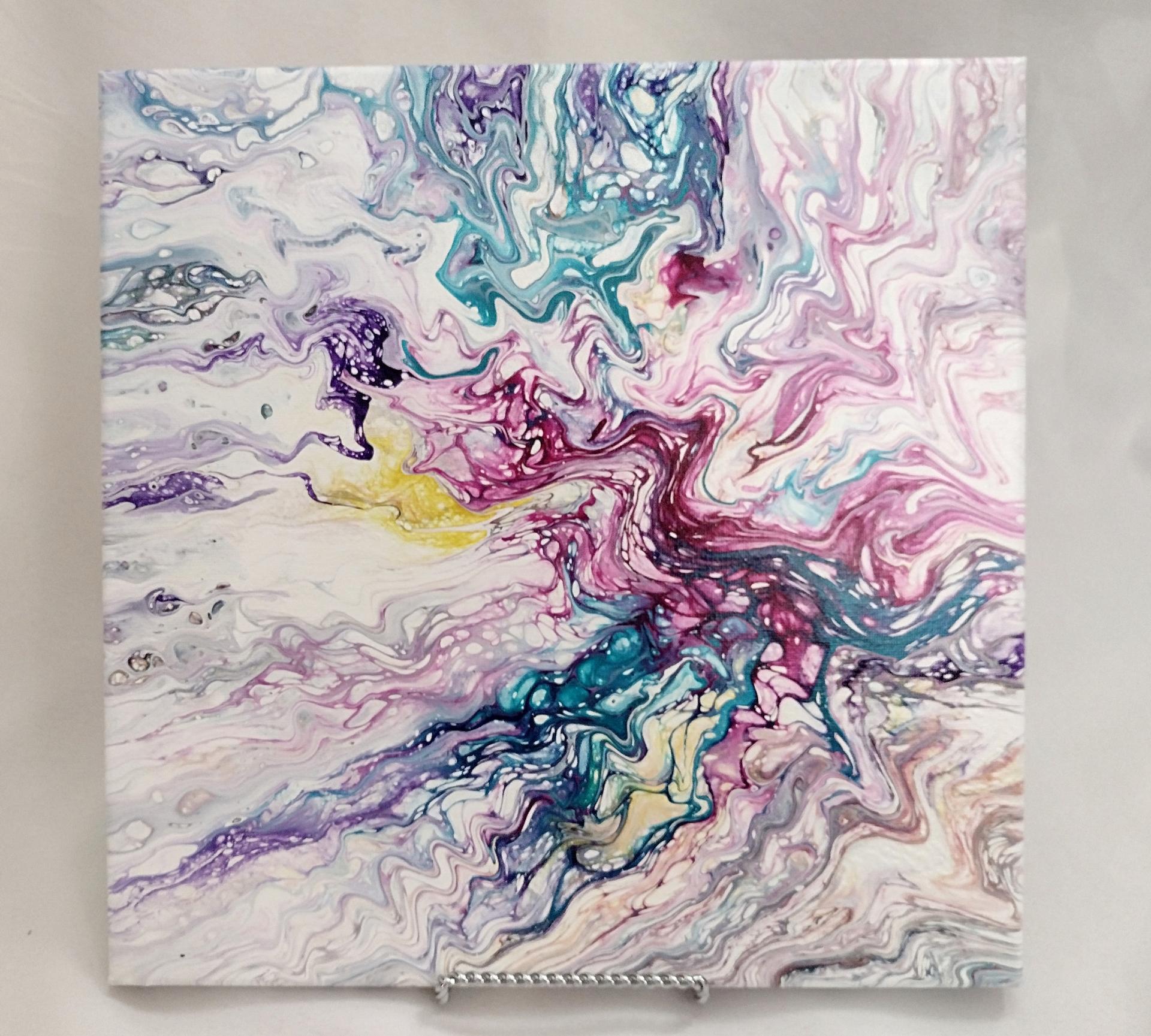 Pink, Purple and Turquoise Blue Abstract Original Acrylic Pour Painting, 12" x 12", Fluid Art Painting