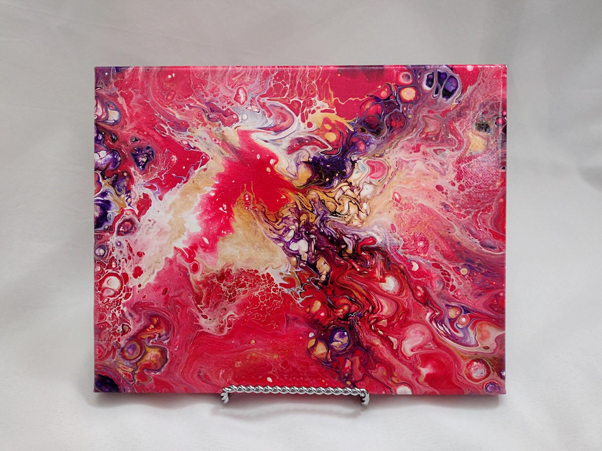 Red, Purple, and Gold Abstract Original Acrylic Pour Painting, 8" x 10", Fluid Art Painting