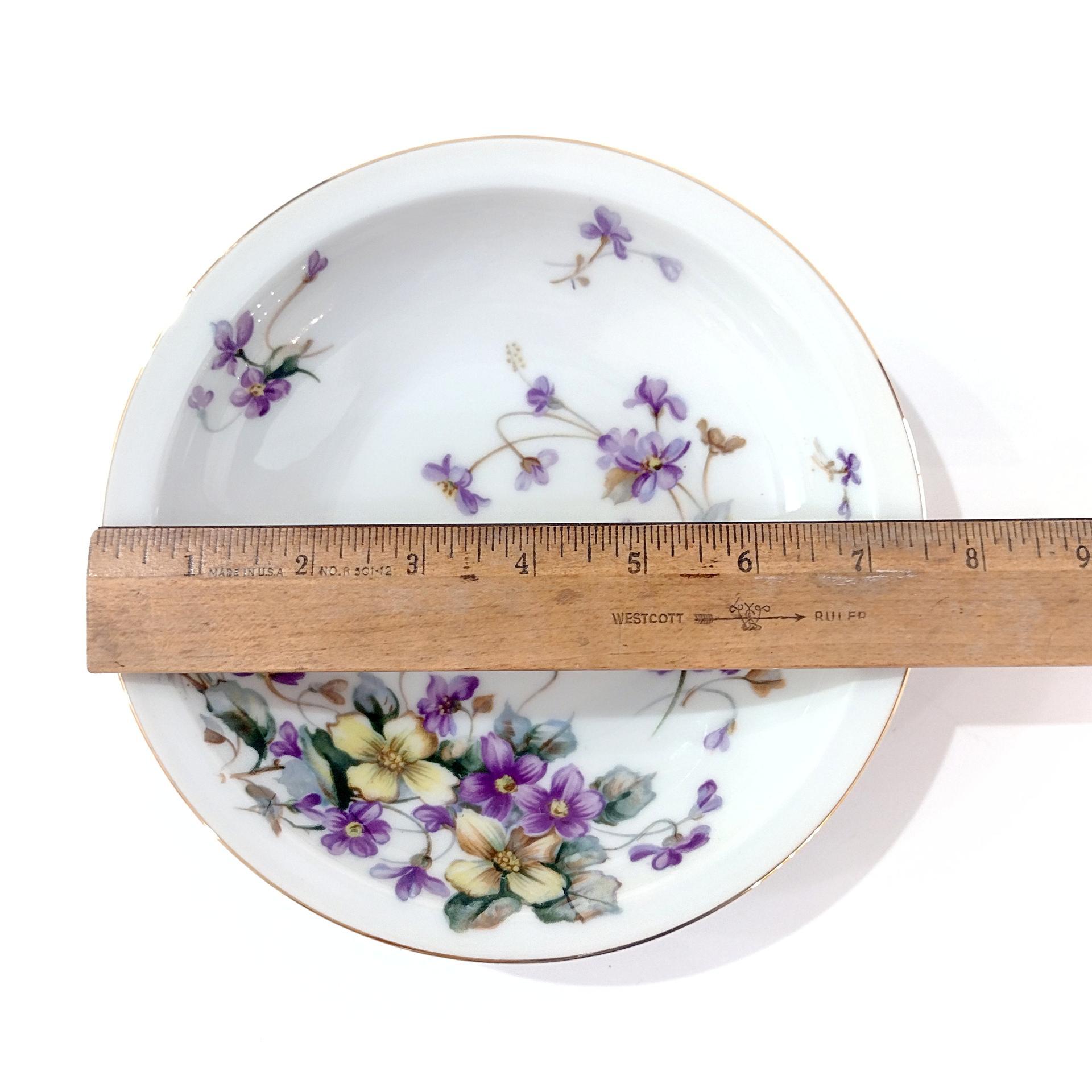 Vintage Meito Adele Orleans Shape Rimmed Soup Bowls, Set of 3, Purple and Yellow Violets Floral Design China