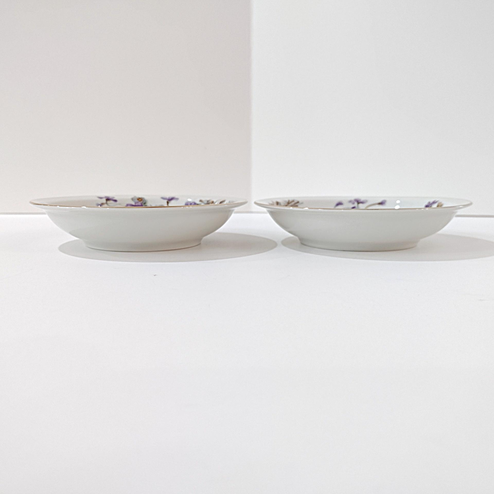 Vintage Meito Adele Orleans Shape Dessert Fruit Bowls, Set of 2, Purple and Yellow Violets Floral Design China