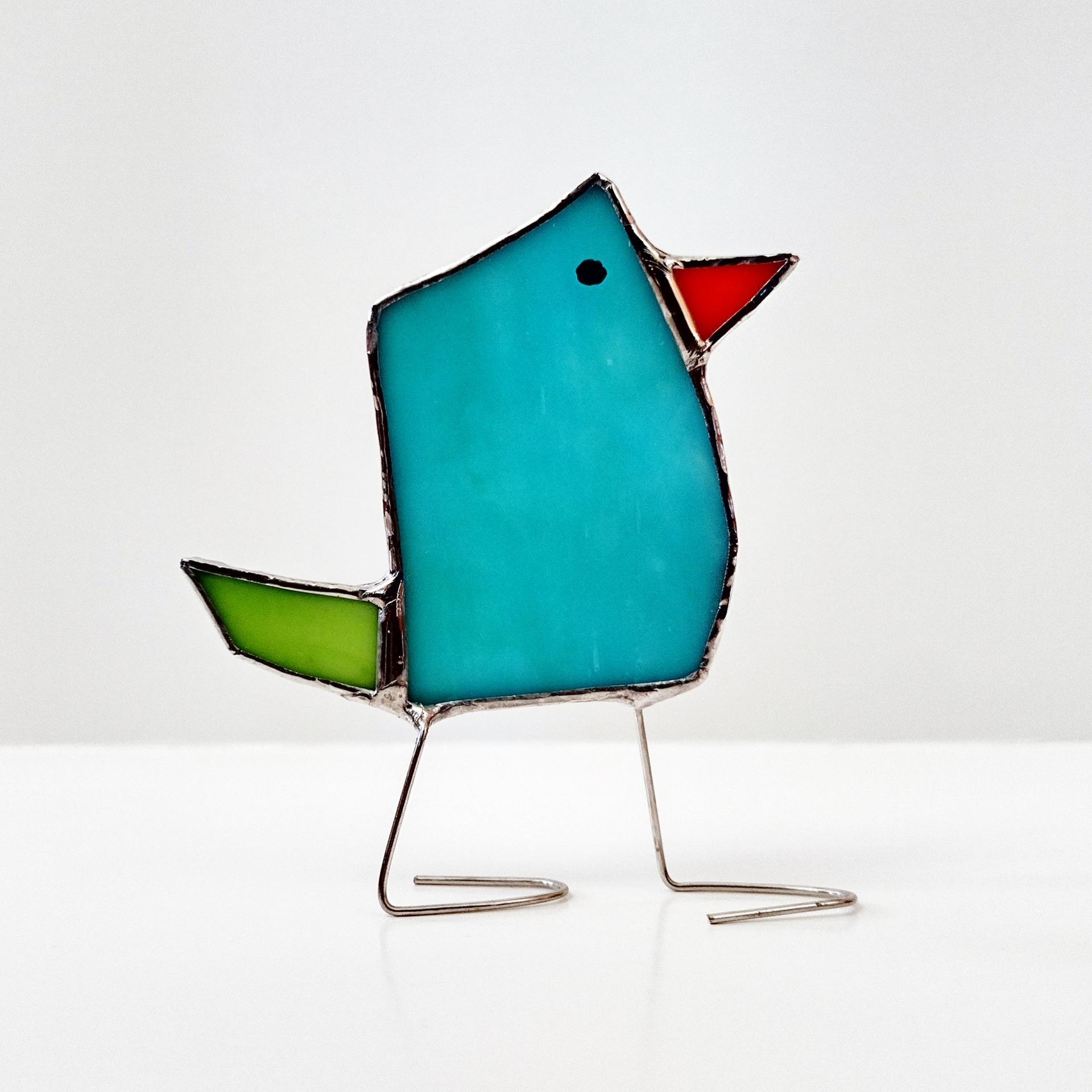 Stained Glass Standing Bird, Funky Glass Bird, Aqua Blue and Green Bird Suncatcher, Windowsill Free Standing Bird