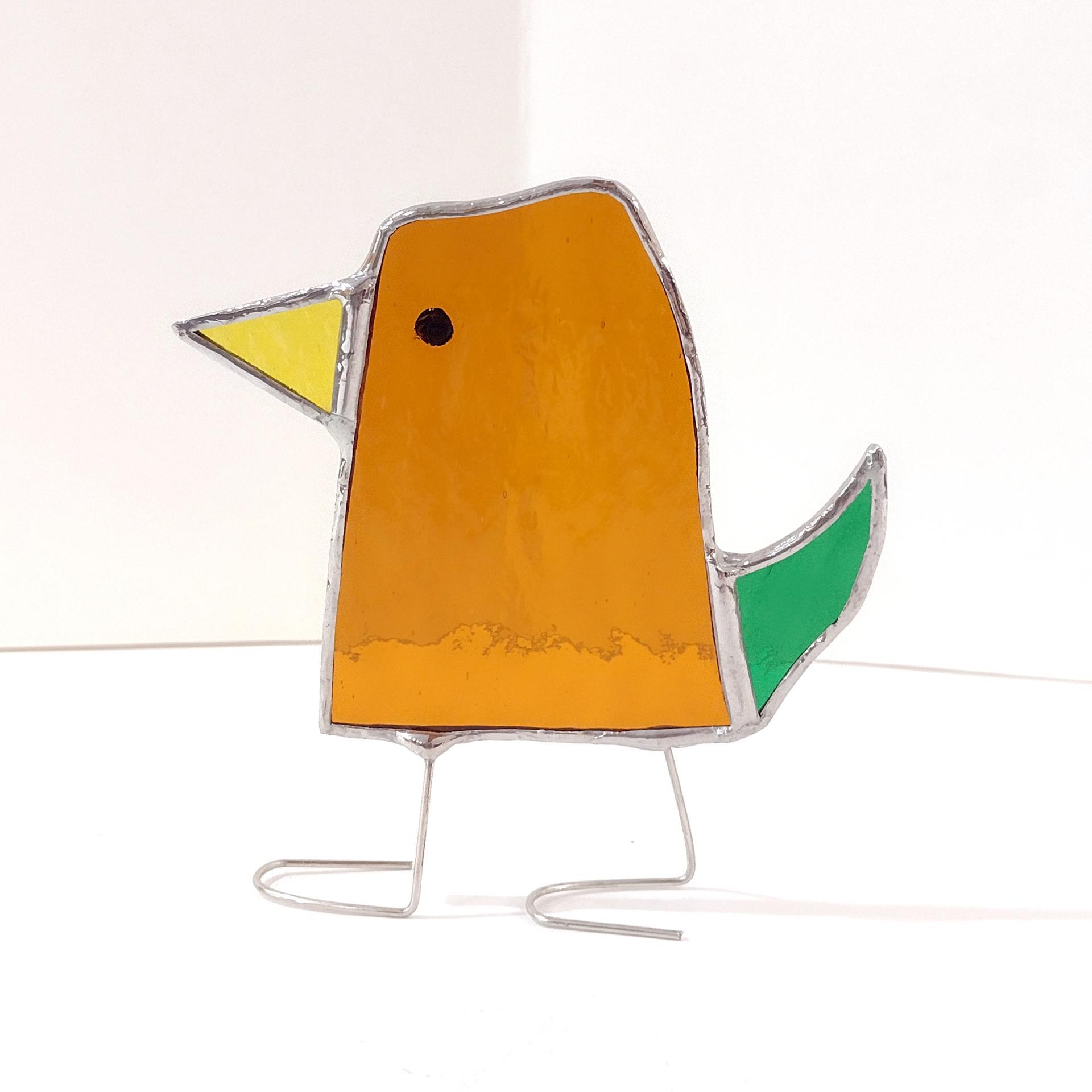 Stained Glass Standing Bird, Funky Amber Orange and Green Glass Bird Suncatcher, Bird Lover Gift, Windowsill Sitter