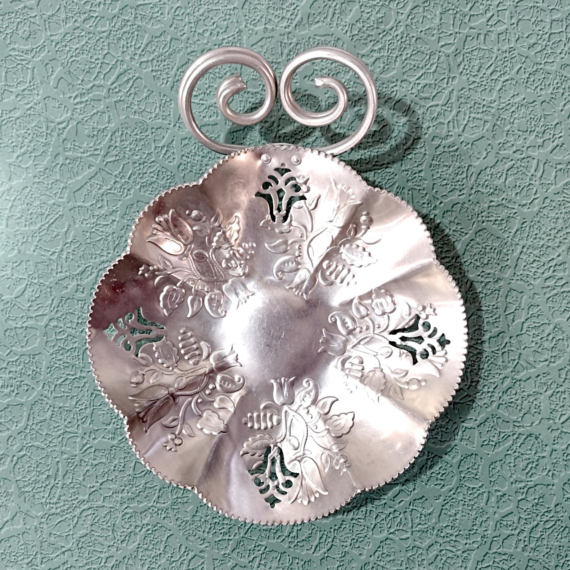Vintage Stamped Aluminum Serving Tray, Tulip Design Metal Candy Snack Dish
