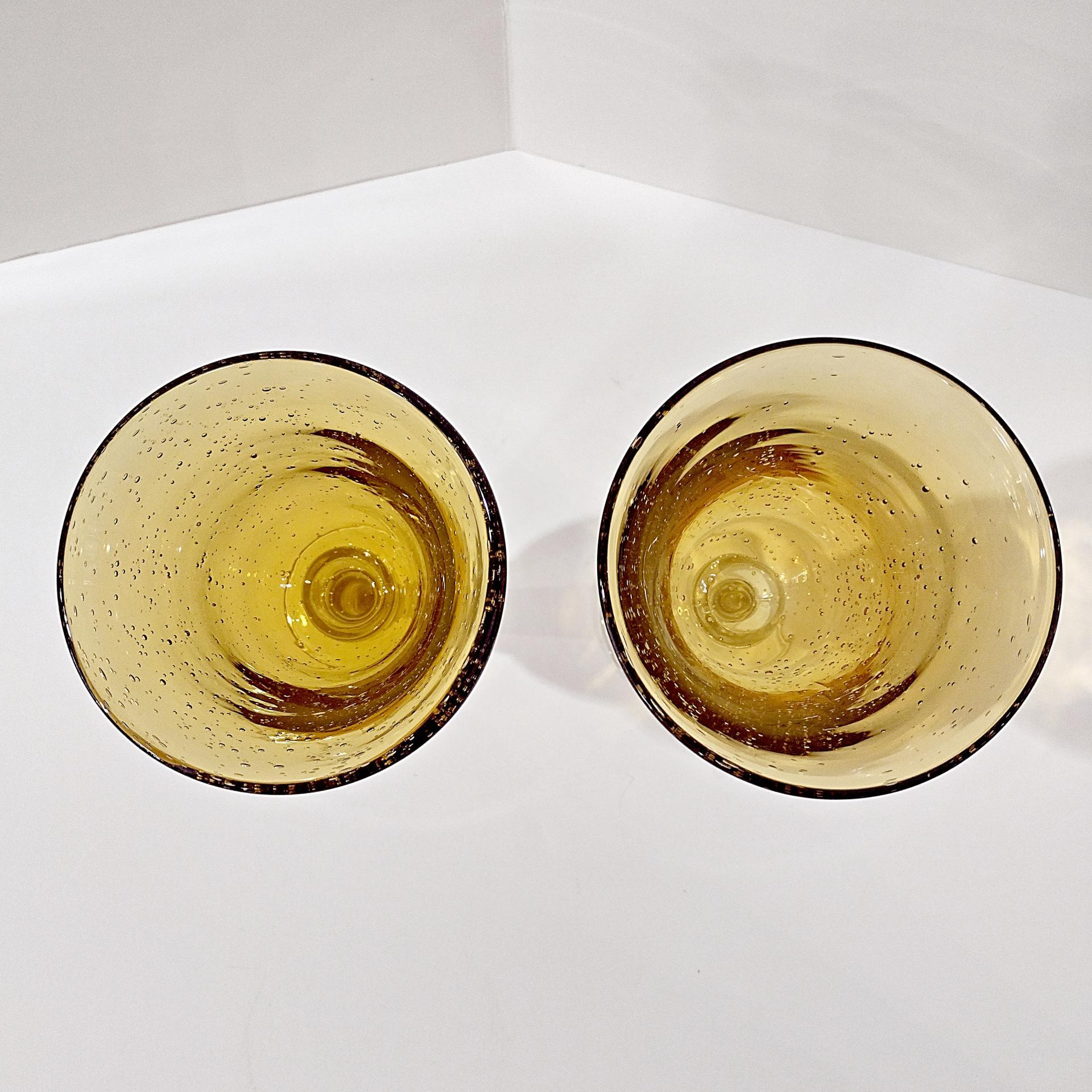 Vintage Hand Blown Amber Bubble Glass Wine Water Goblets, Set of 2