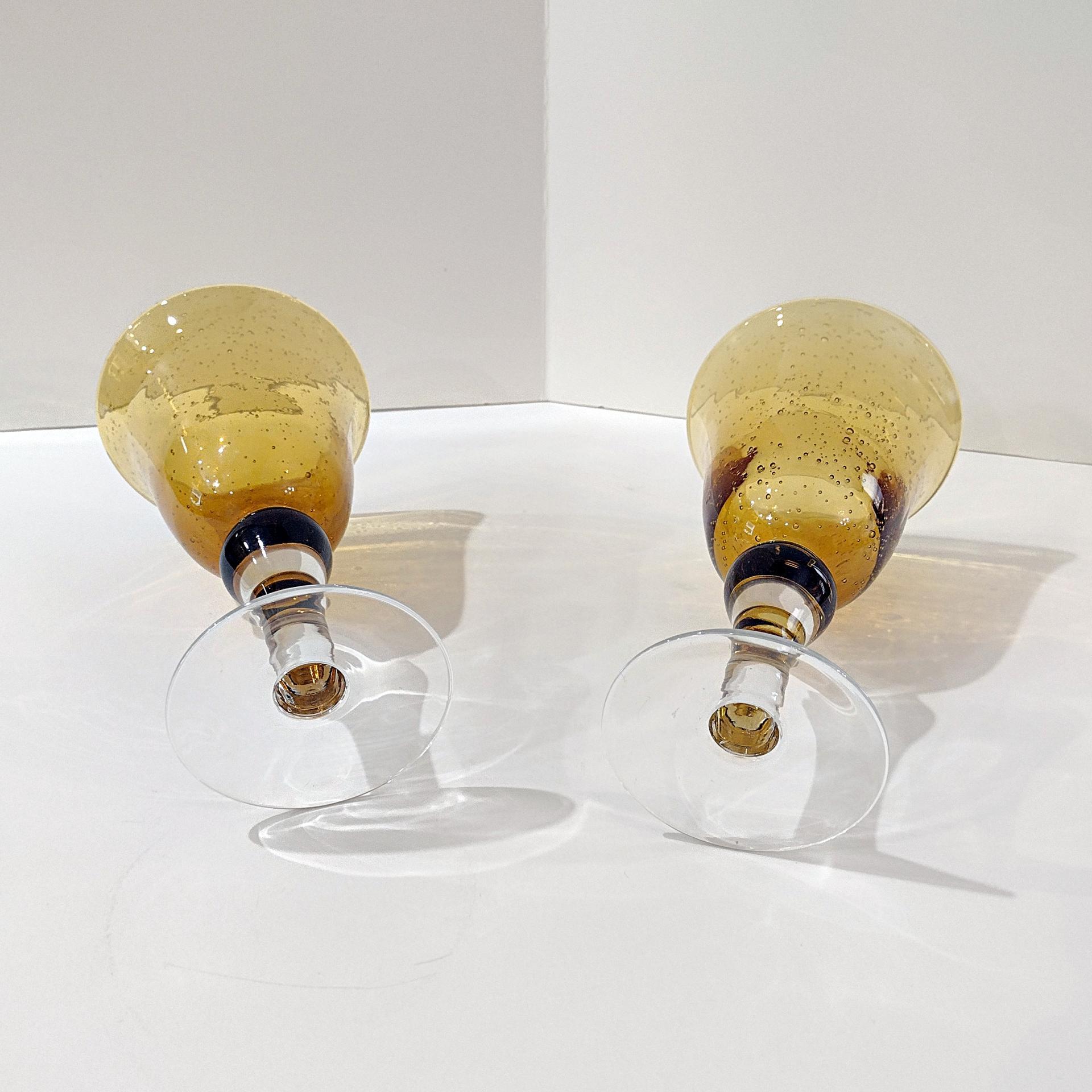 Vintage Hand Blown Amber Bubble Glass Wine Water Goblets, Set of 2