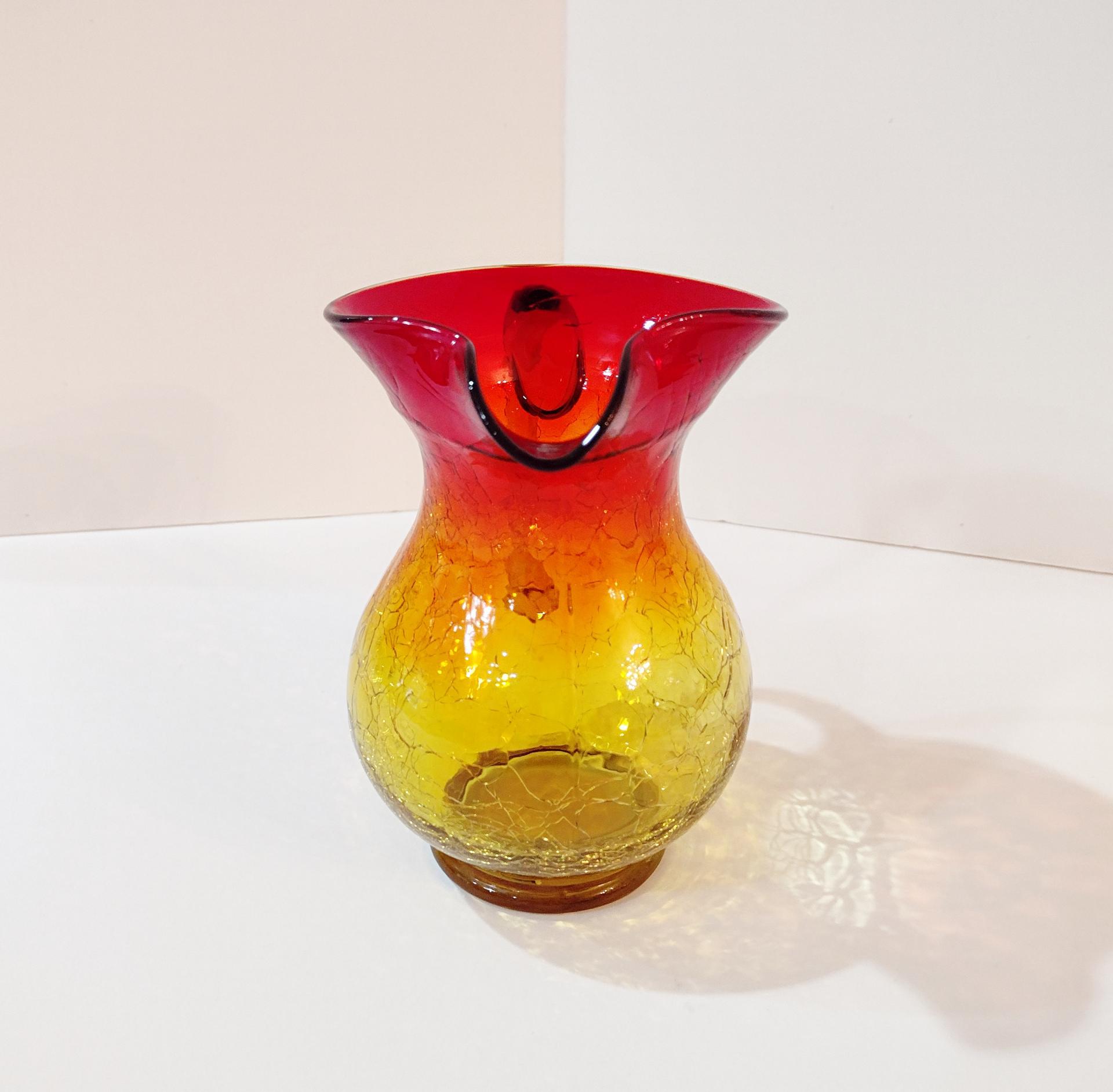 Vintage Amberina Crackle Glass Pitcher, Kanawha Crackle Glass Vase
