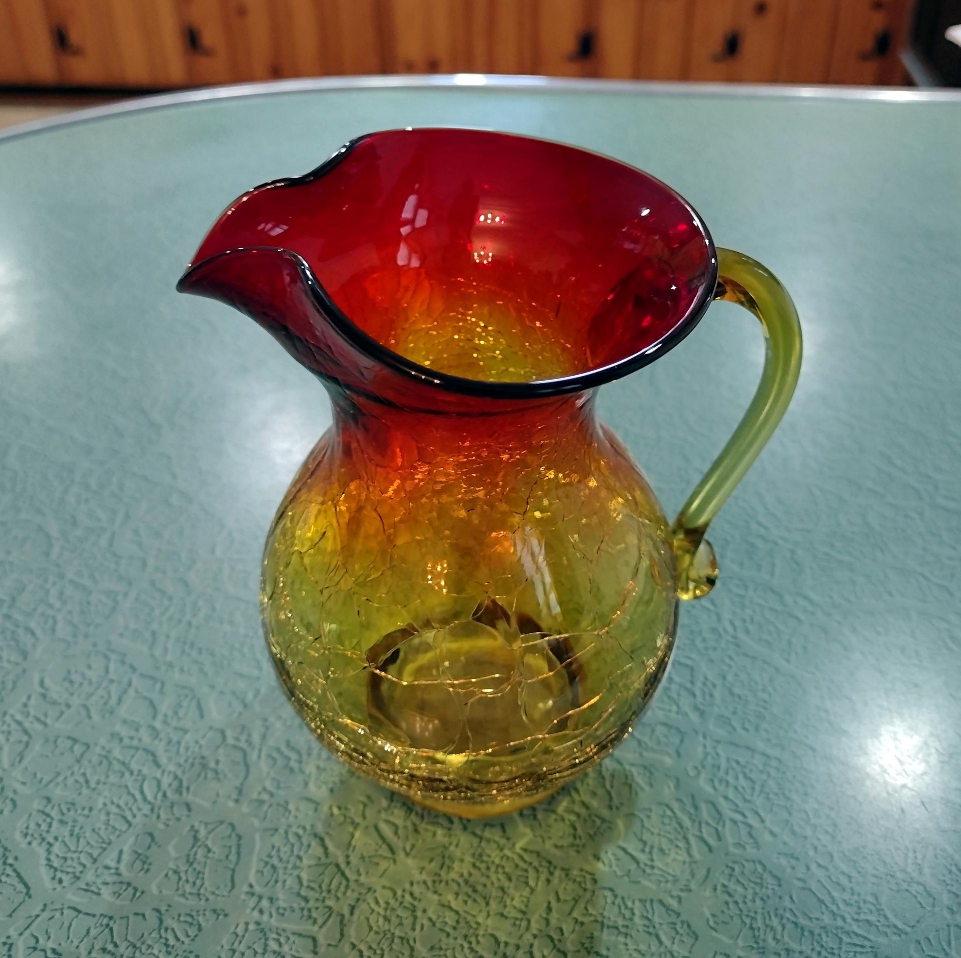 Vintage Amberina Crackle Glass Pitcher, Kanawha Crackle Glass Vase