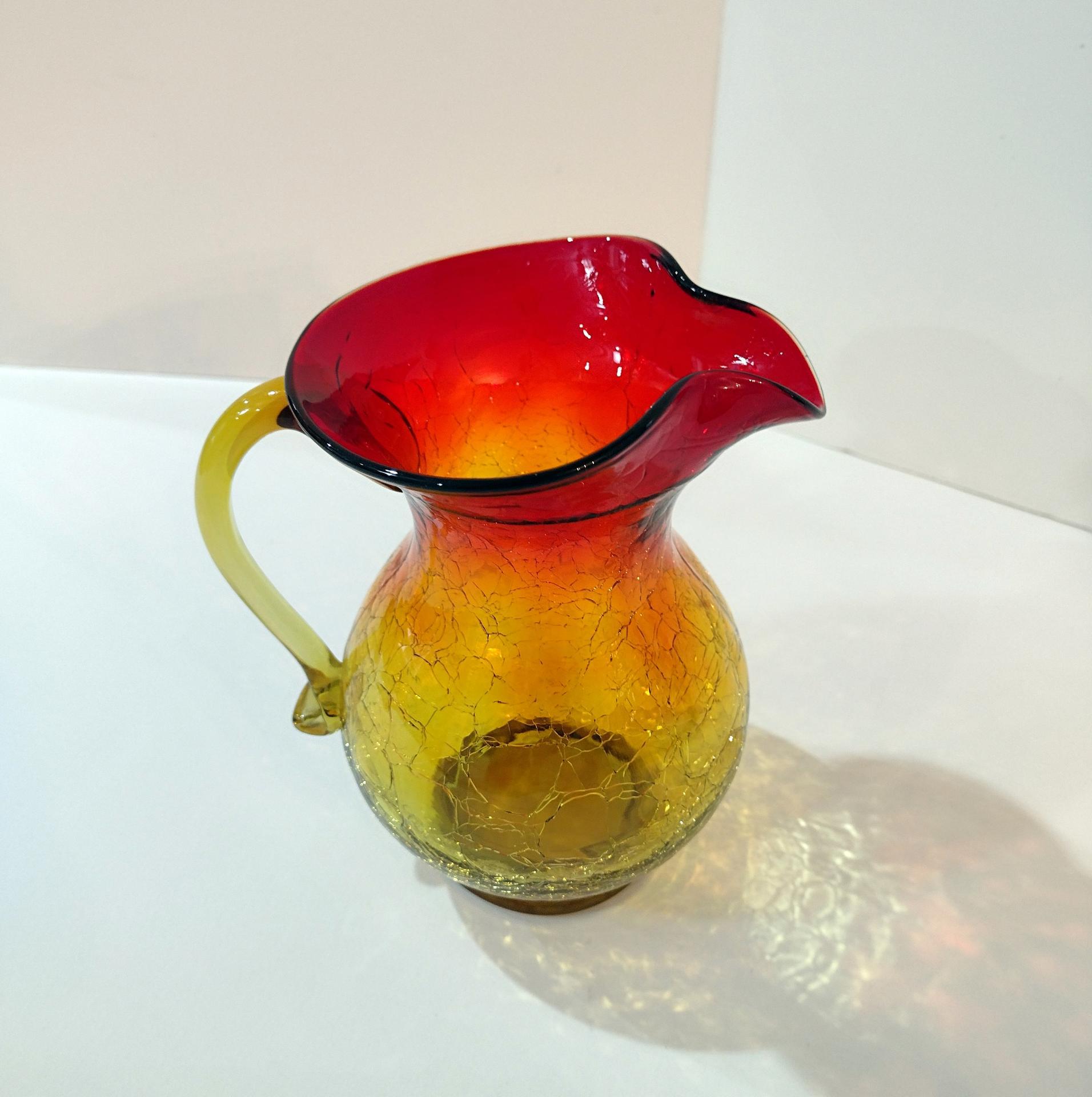 Vintage Amberina Crackle Glass Pitcher, Kanawha Crackle Glass Vase