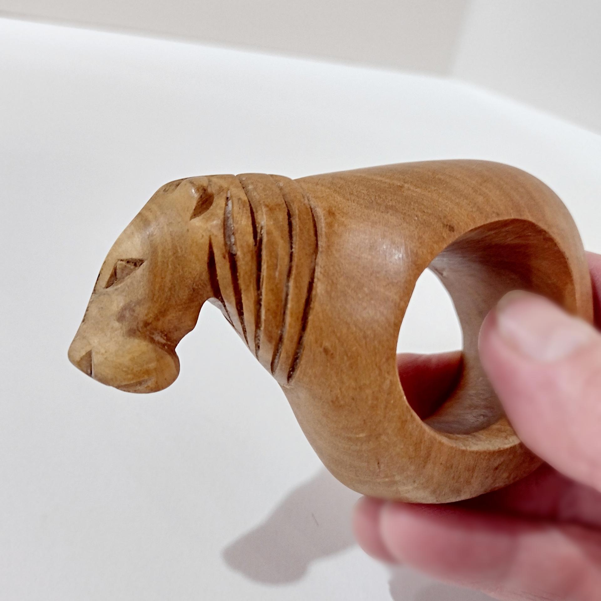 Vintage Carved Wooden Safari Animal Napkin Rings, Set of Four, Elephant Hippo Lion Tiger