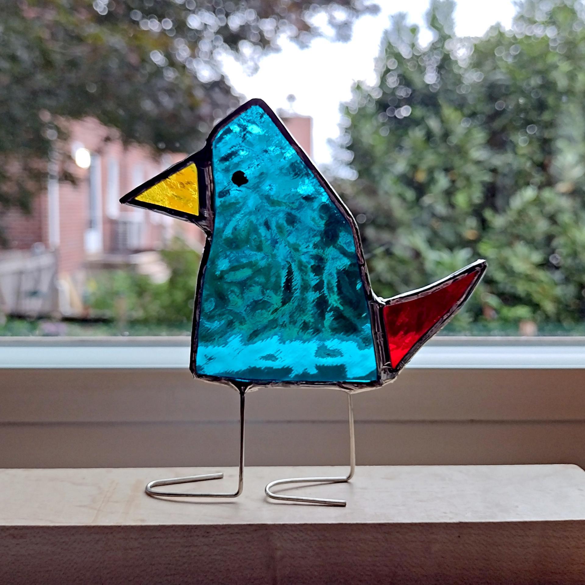 Stained Glass Standing Bird, Funky Turquoise Blue and Red Glass Bird Suncatcher, Bird Lover Gift, Windowsill Sitter