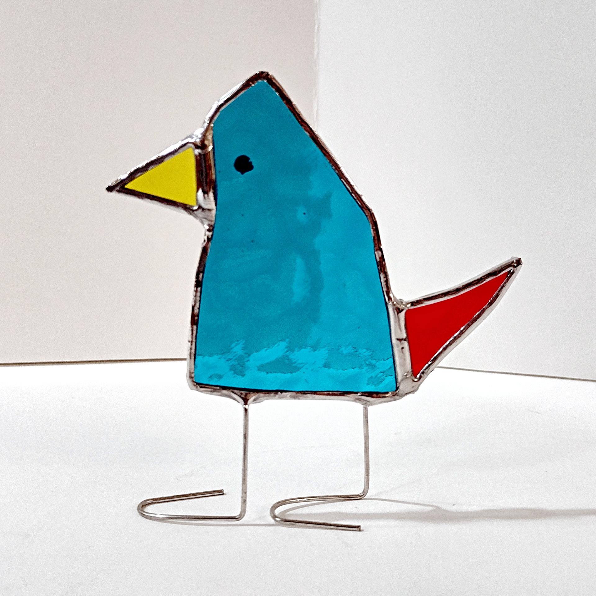 Stained Glass Standing Bird, Funky Turquoise Blue and Red Glass Bird Suncatcher, Bird Lover Gift, Windowsill Sitter