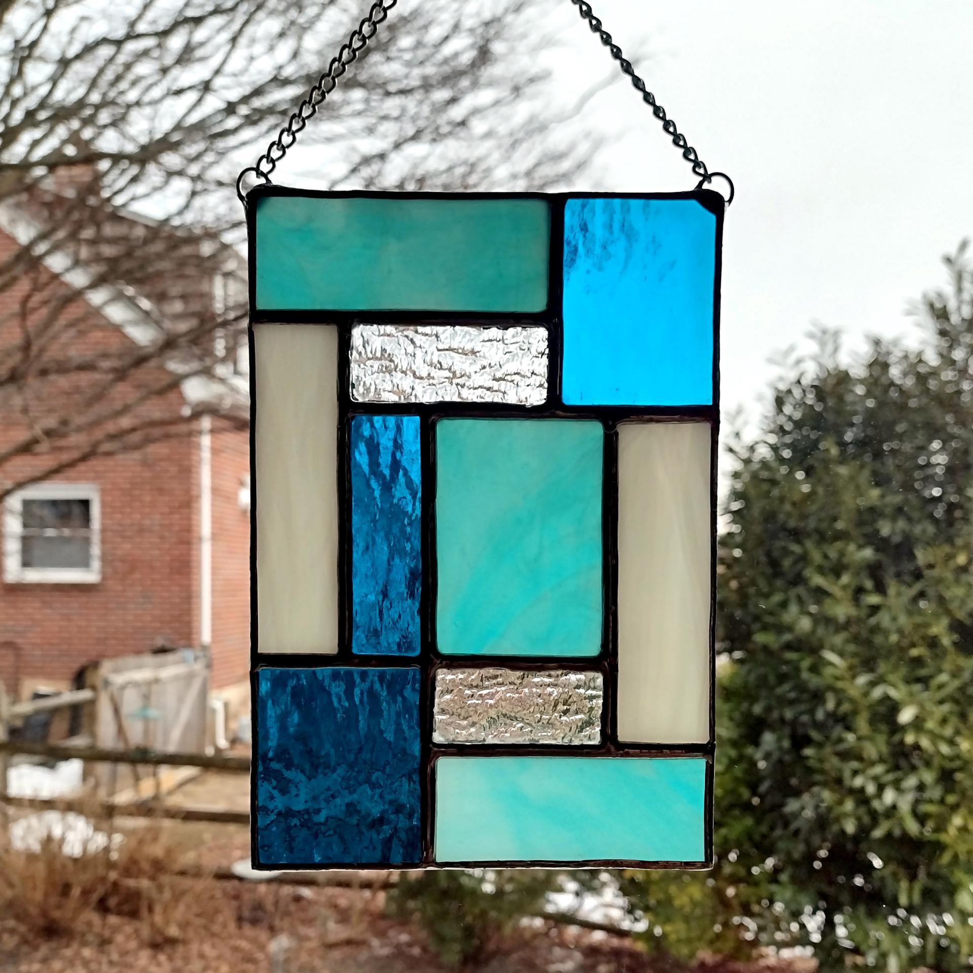 Aqua Blue Geometric Stained Glass Panel Suncatcher, Mondrian Stained Glass Art, Custom Colors Available
