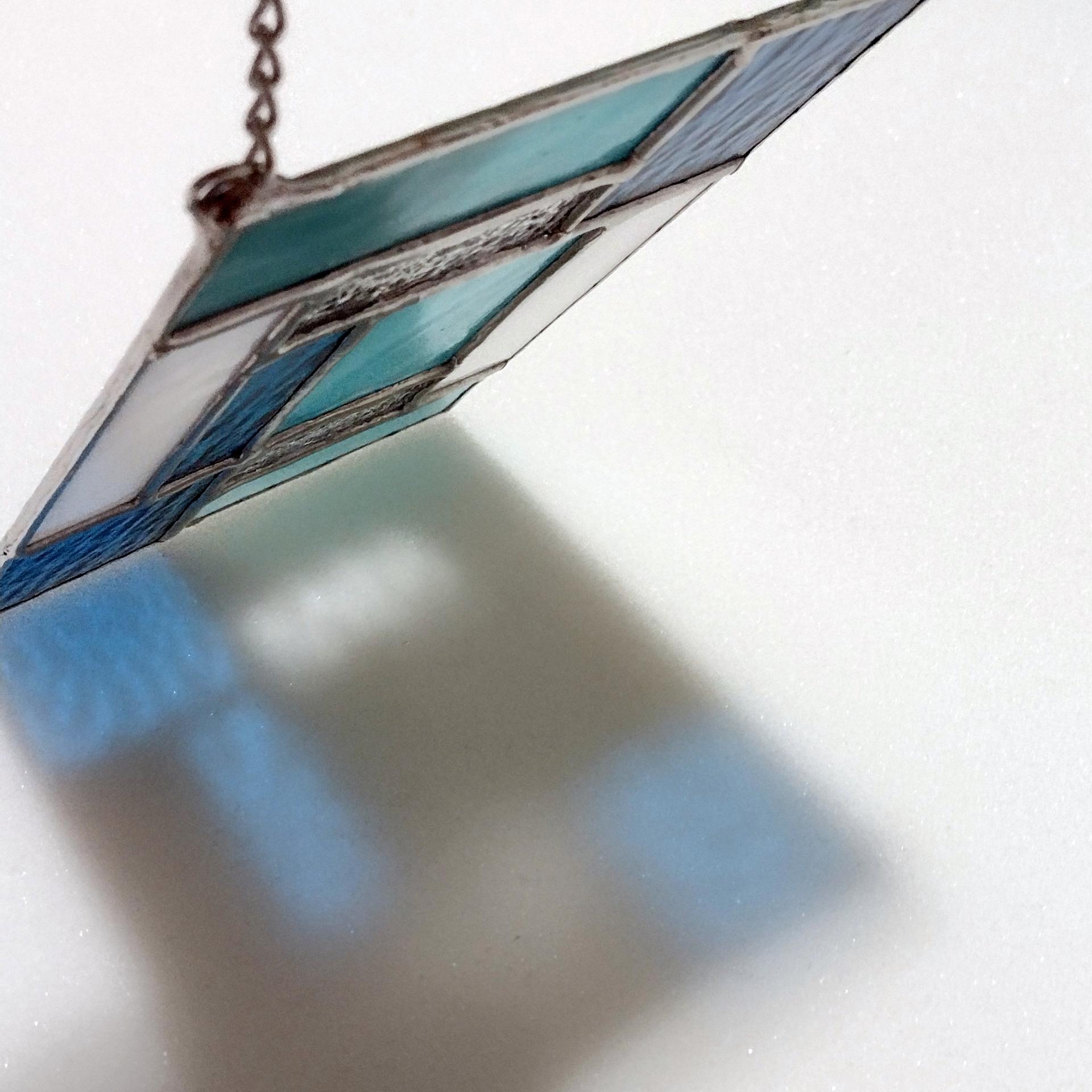 Aqua Blue Geometric Stained Glass Panel Suncatcher, Mondrian Stained Glass Art, Custom Colors Available