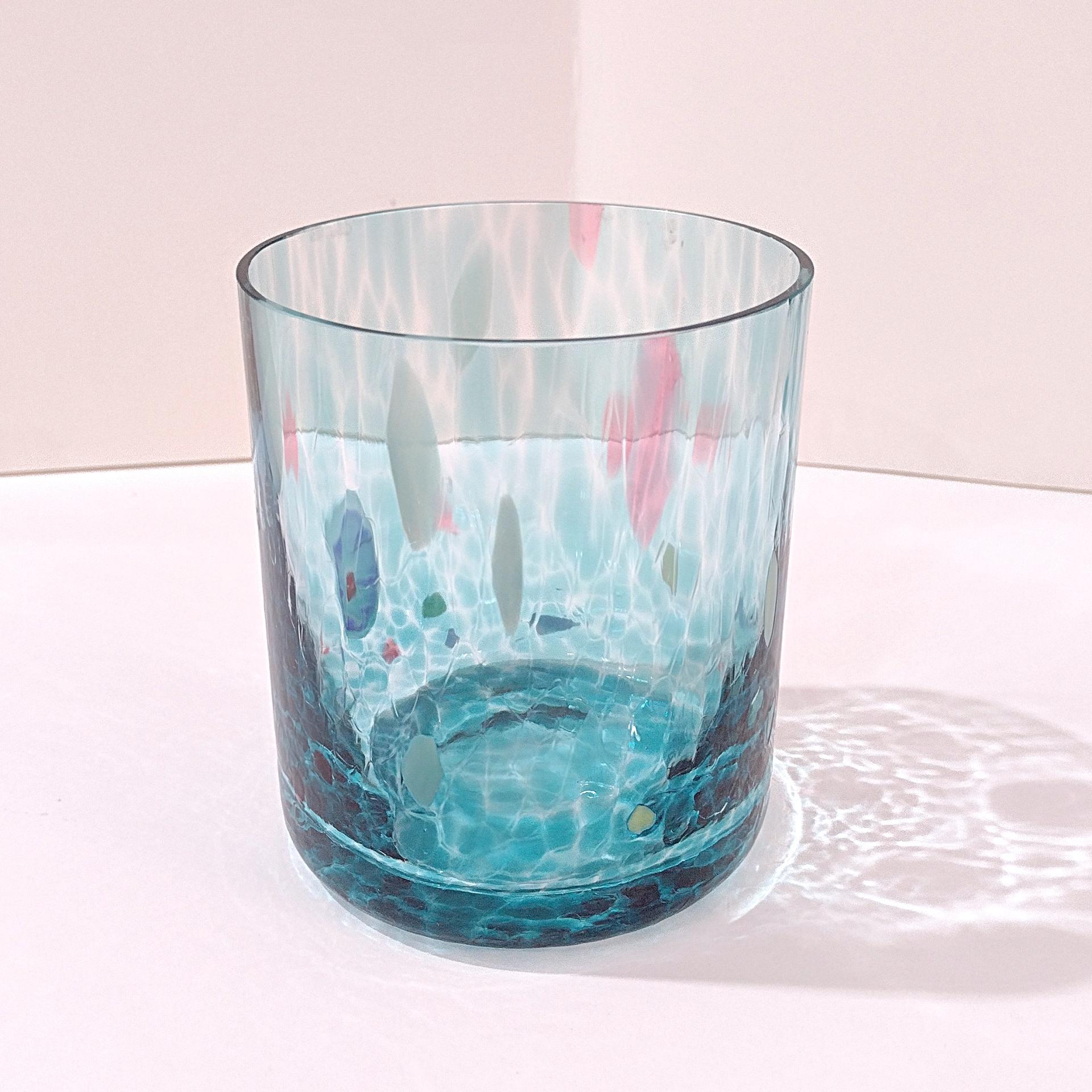 Vintage Handblown Aqua Blue Millefiori Double Old Fashioned Lowball Rocks Glass, Venetian Low Tumbler