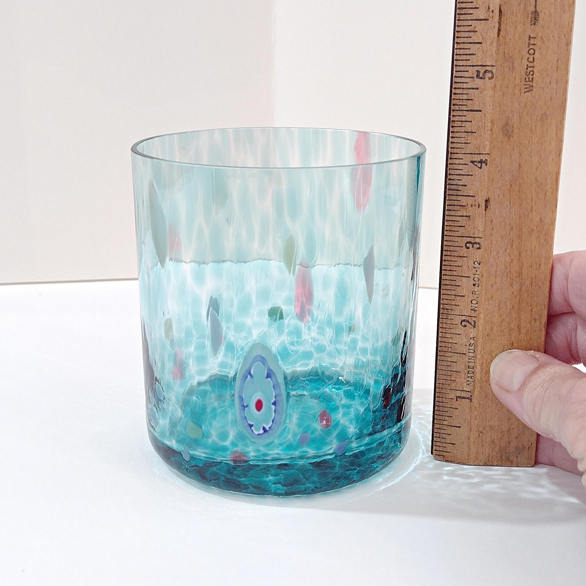Vintage Handblown Aqua Blue Millefiori Double Old Fashioned Lowball Rocks Glass, Venetian Low Tumbler