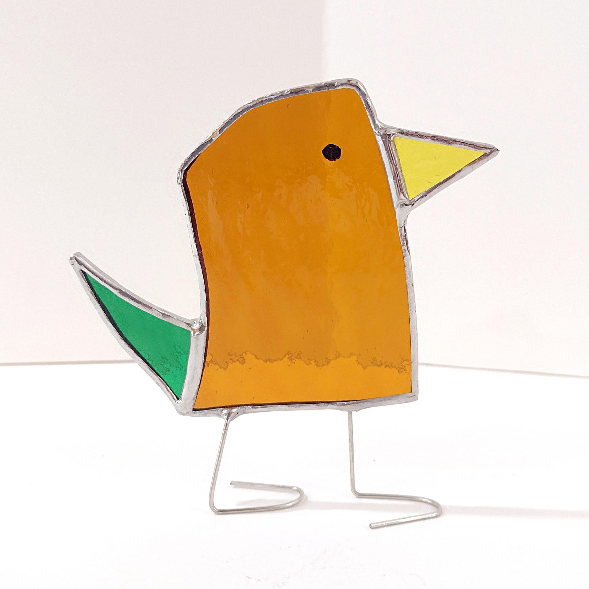 Stained Glass Standing Bird, Funky Amber Orange and Green Glass Bird Suncatcher, Bird Lover Gift, Windowsill Sitter