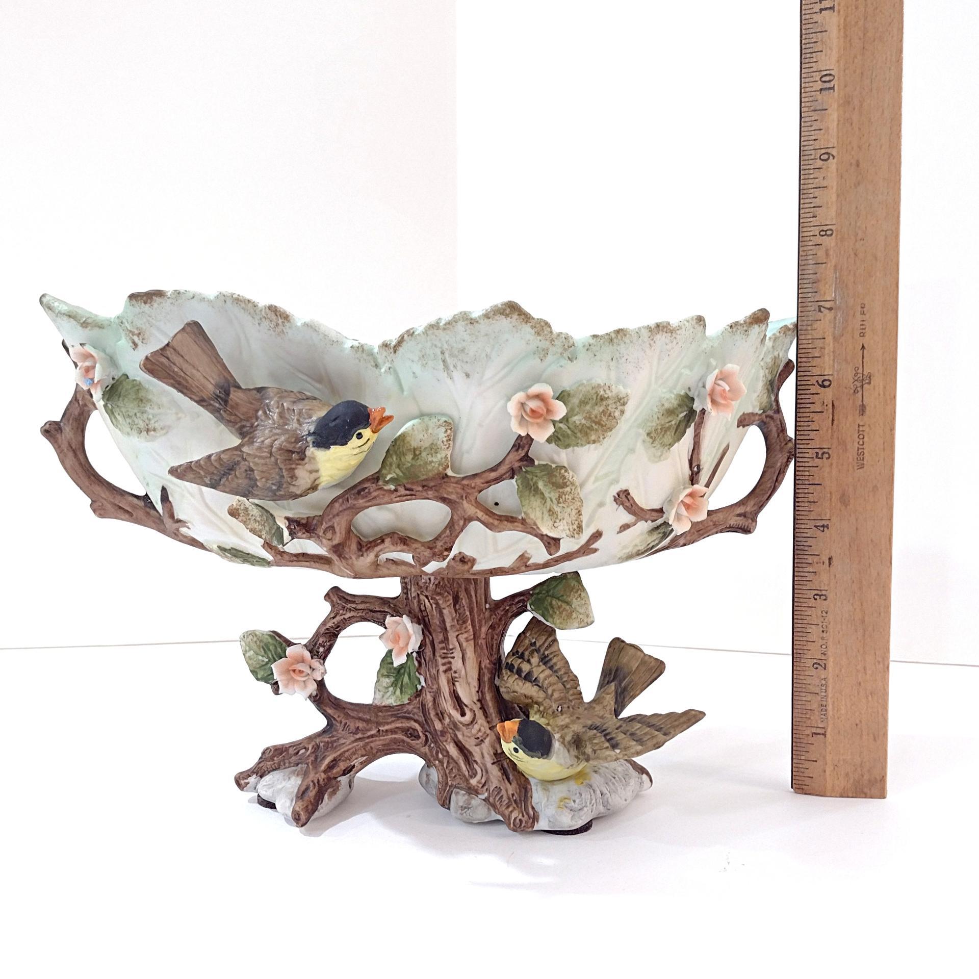 Vintage Ardalt Lenwile China Hand Painted Ceramic Bisque Planter Bowl with Birds, Pink Roses, and Tree Theme