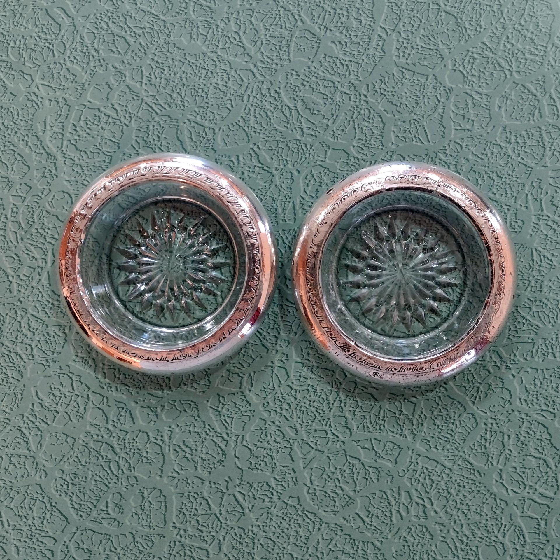 Vintage Silver Plated Glass Ashtrays, Set of Two