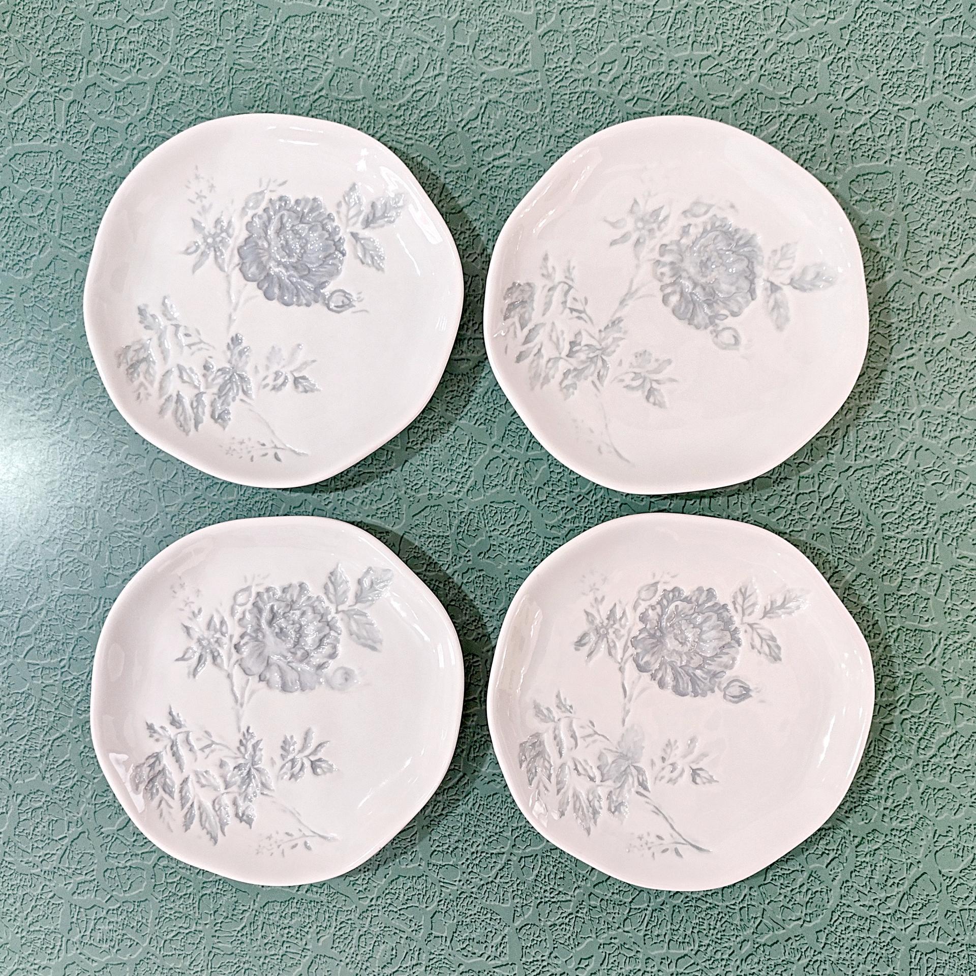 Vintage Blue Gray Rose Ceramic Appetizer Plates, Set of 4, Grace Mitchell Floral Cocktail Plates