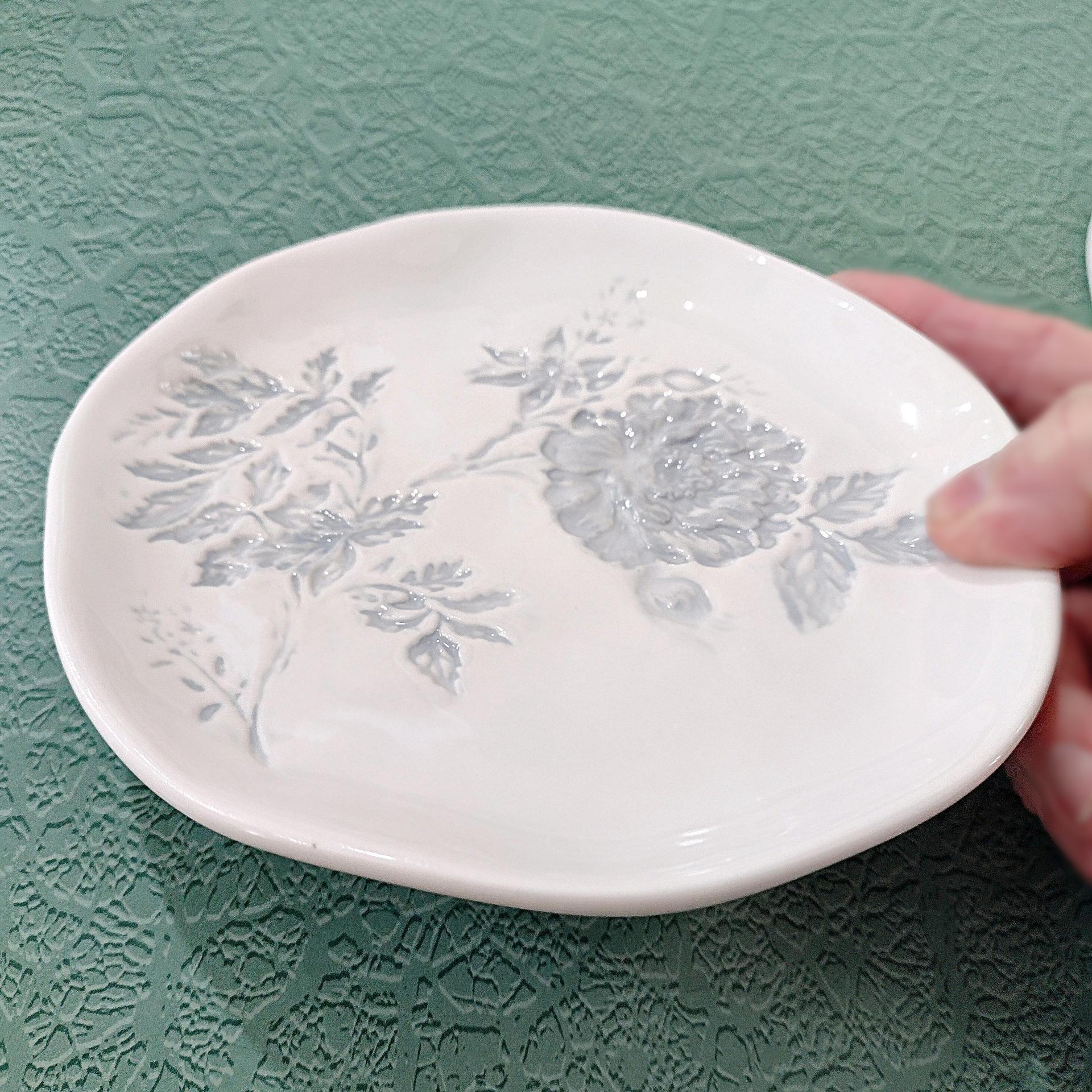 Vintage Blue Gray Rose Ceramic Appetizer Plates, Set of 4, Grace Mitchell Floral Cocktail Plates