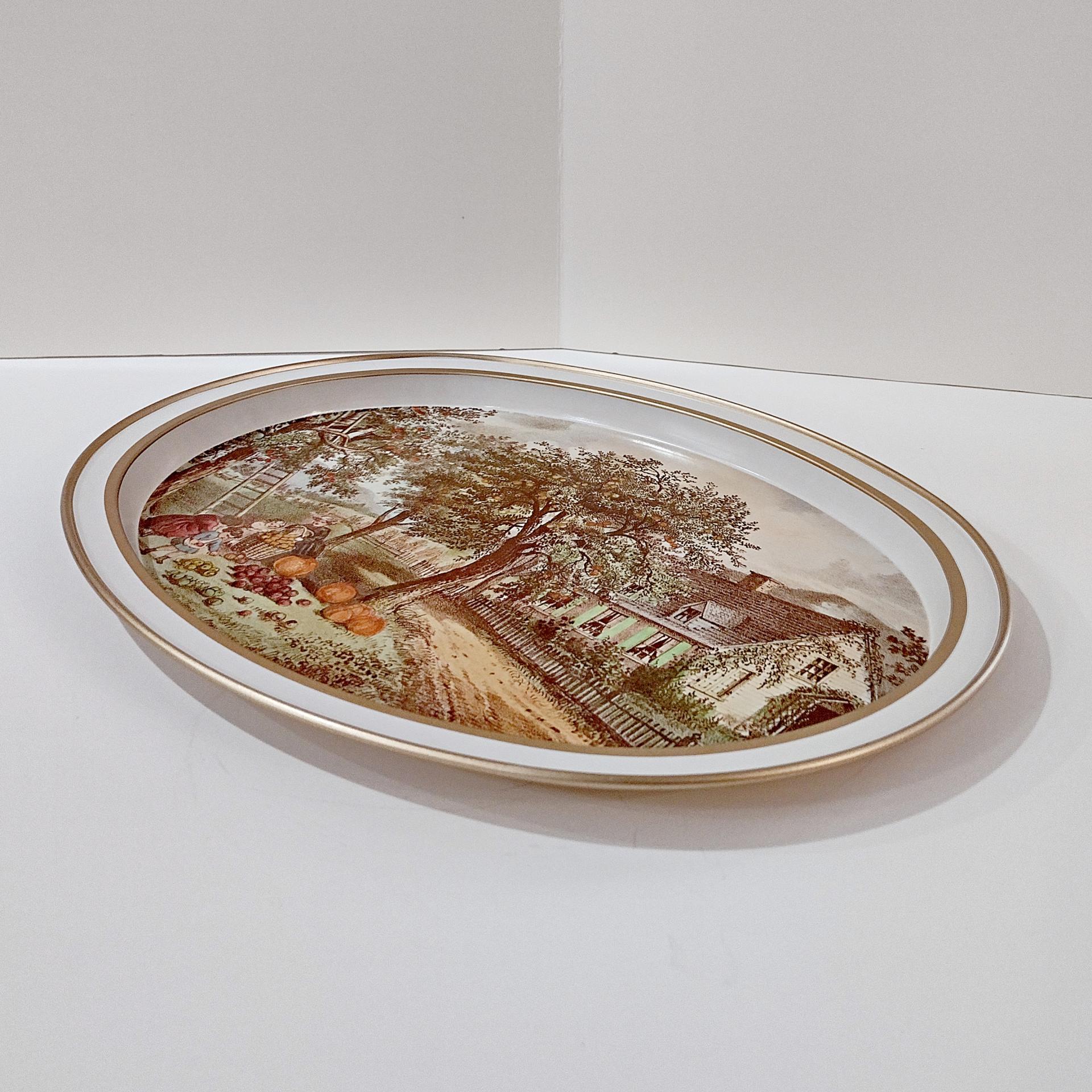 Vintage Currier and Ives American Homestead Autumn Oval Metal Serving Tray