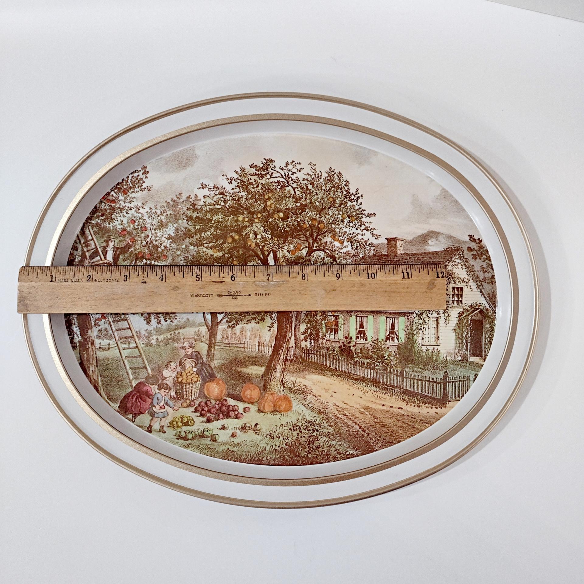 Vintage Currier and Ives American Homestead Autumn Oval Metal Serving Tray