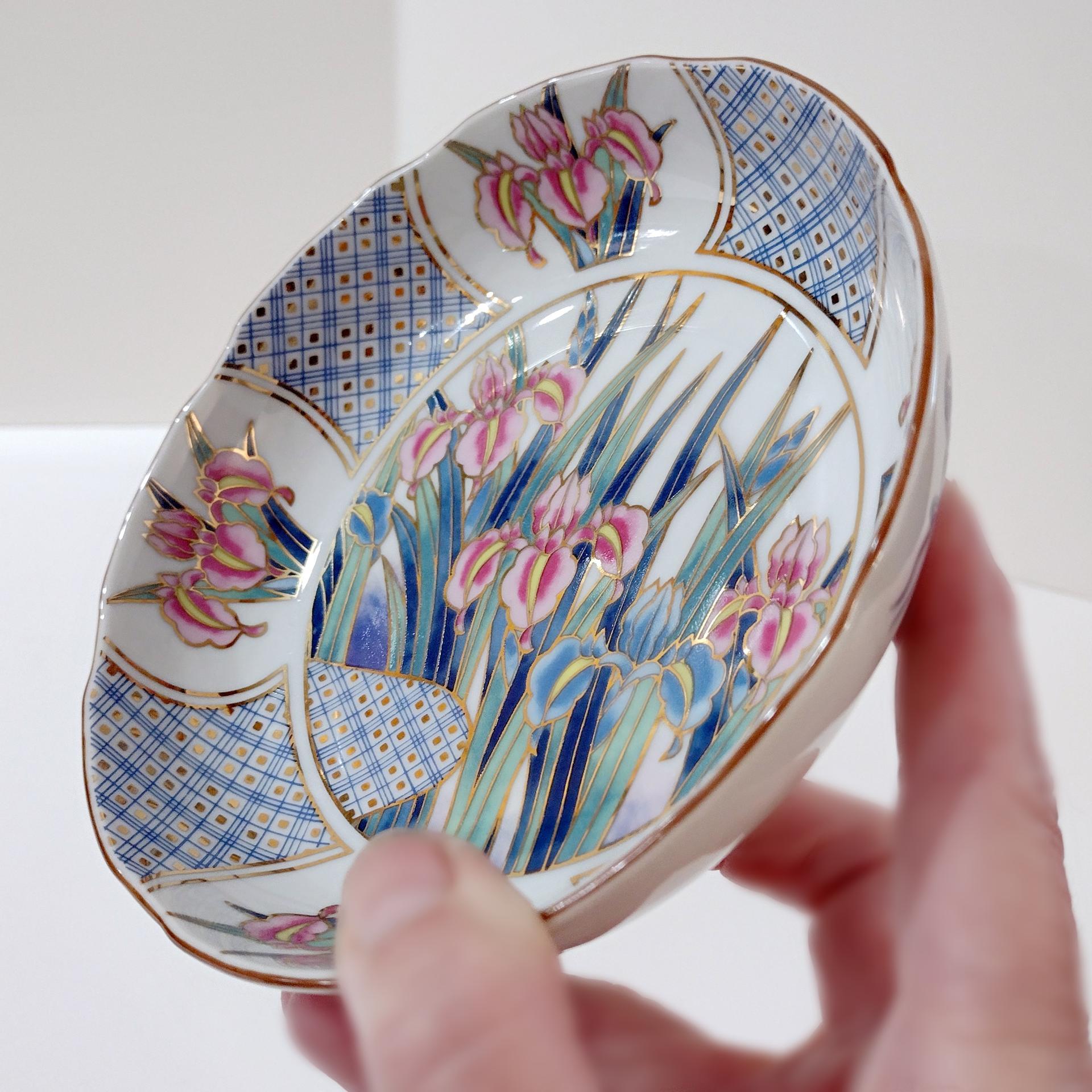 Vintage Japanese Ayame 6 Inch Porcelain Bowl with Pink, Blue, and Gold Iris Floral Design