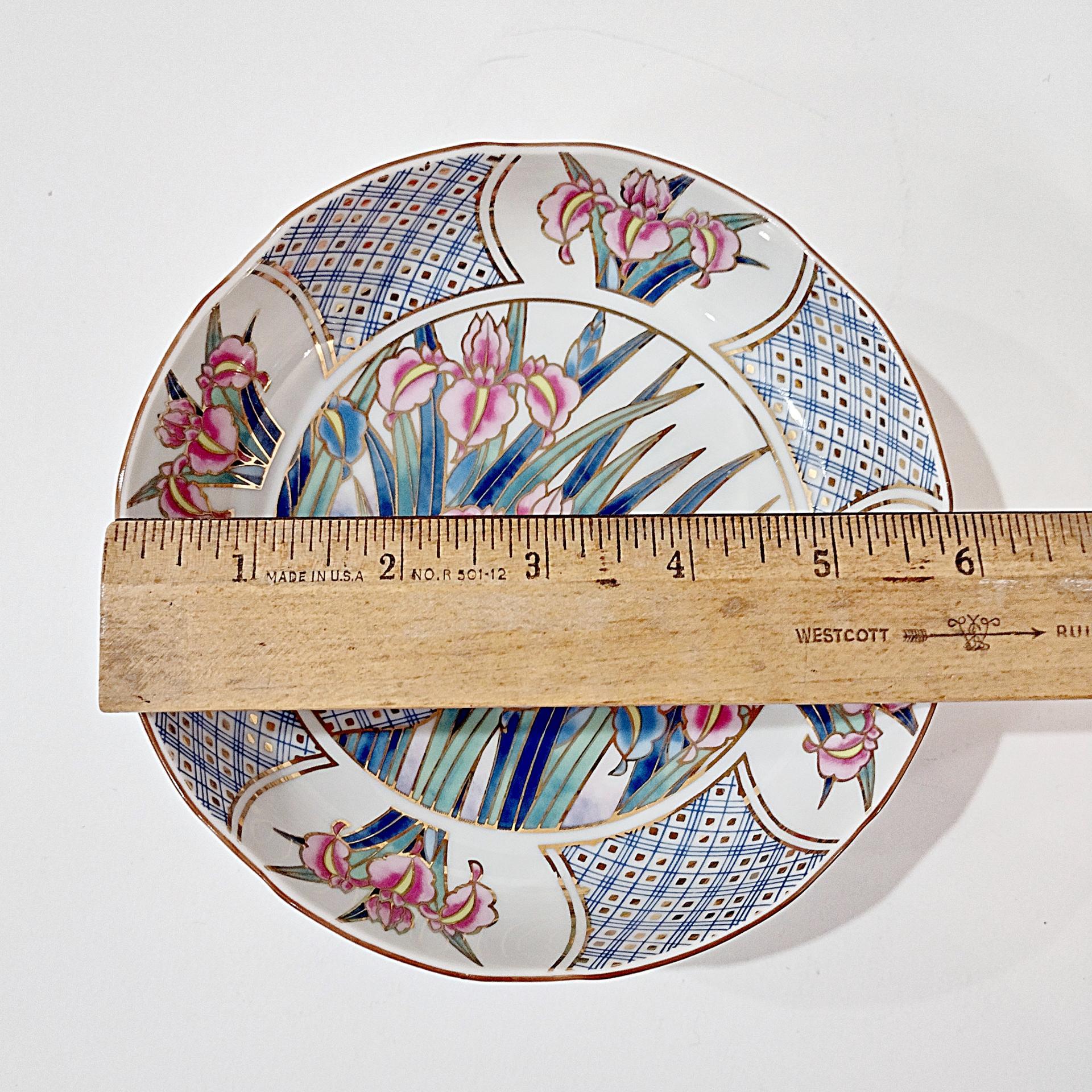 Vintage Japanese Ayame 6 Inch Porcelain Bowl with Pink, Blue, and Gold Iris Floral Design
