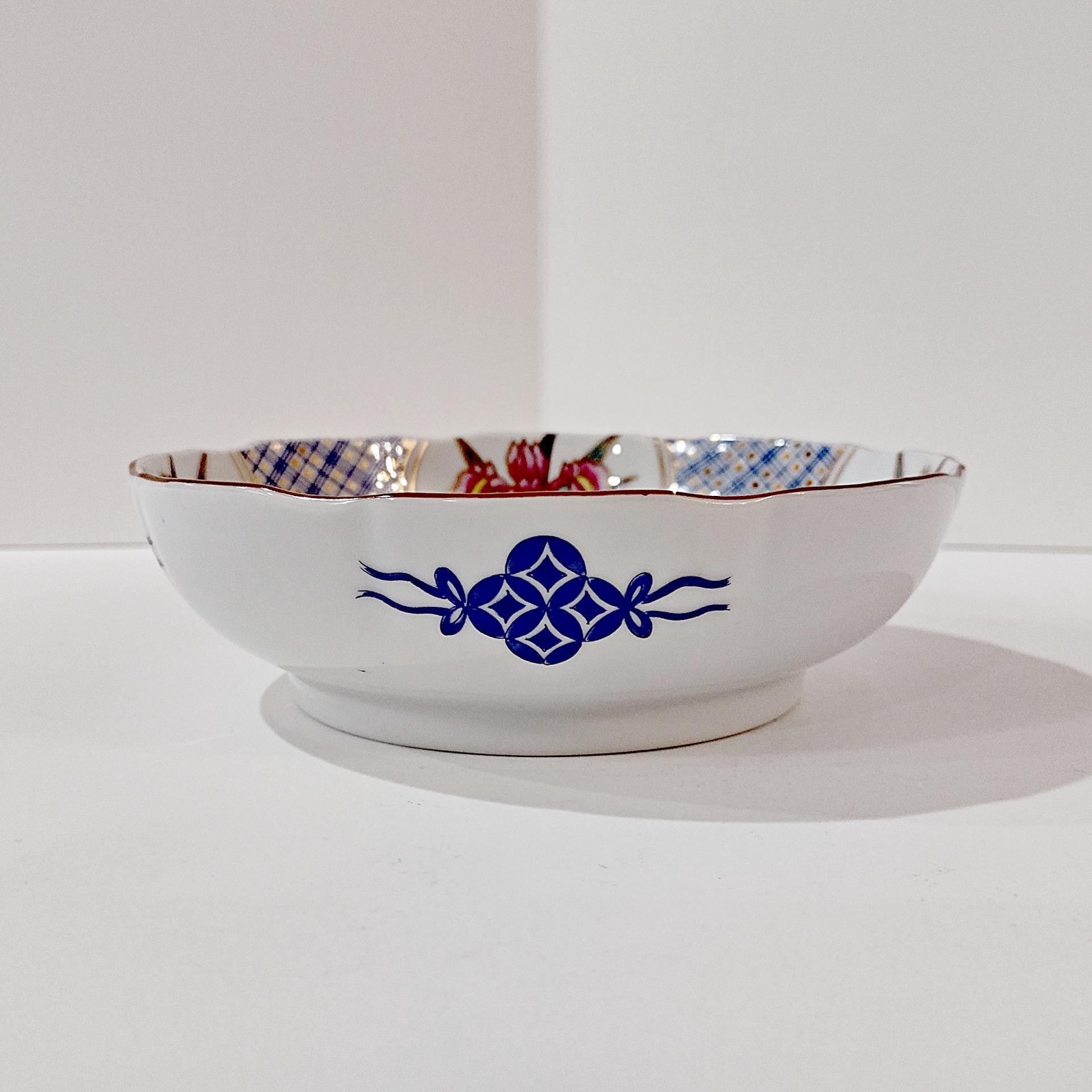 Vintage Japanese Ayame 6 Inch Porcelain Bowl with Pink, Blue, and Gold Iris Floral Design