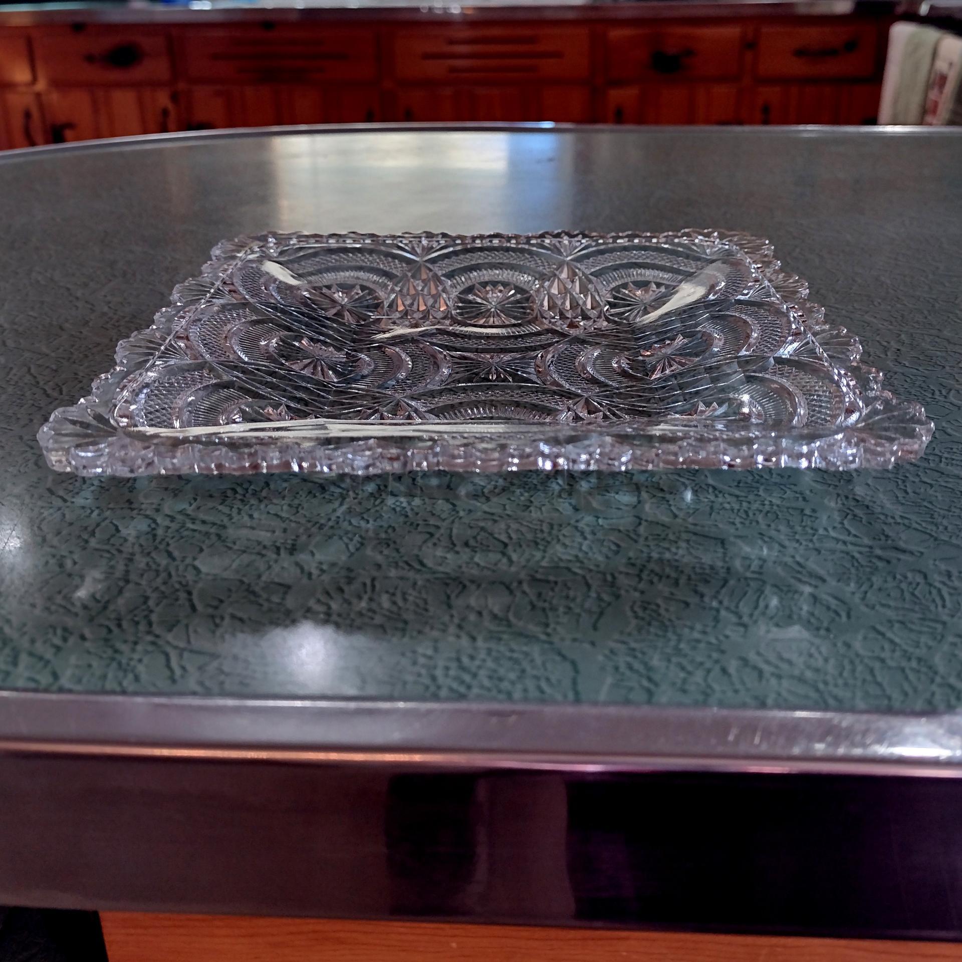 Antique Bryce Higbee Medallion Sunburst Clear Glass Salad Plate, EAPG Glass, UV Reactive Vaseline Glass Dish, Vintage Pressed Glass Plate