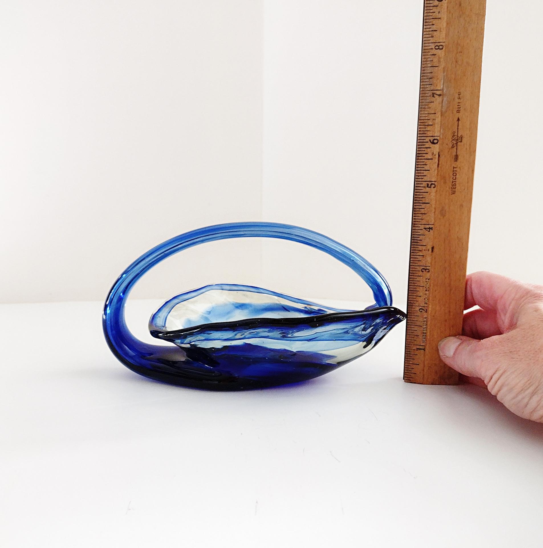 Vintage Blown Glass Basket Bowl, Blue and Clear Glass Jewelry Trinket Dish