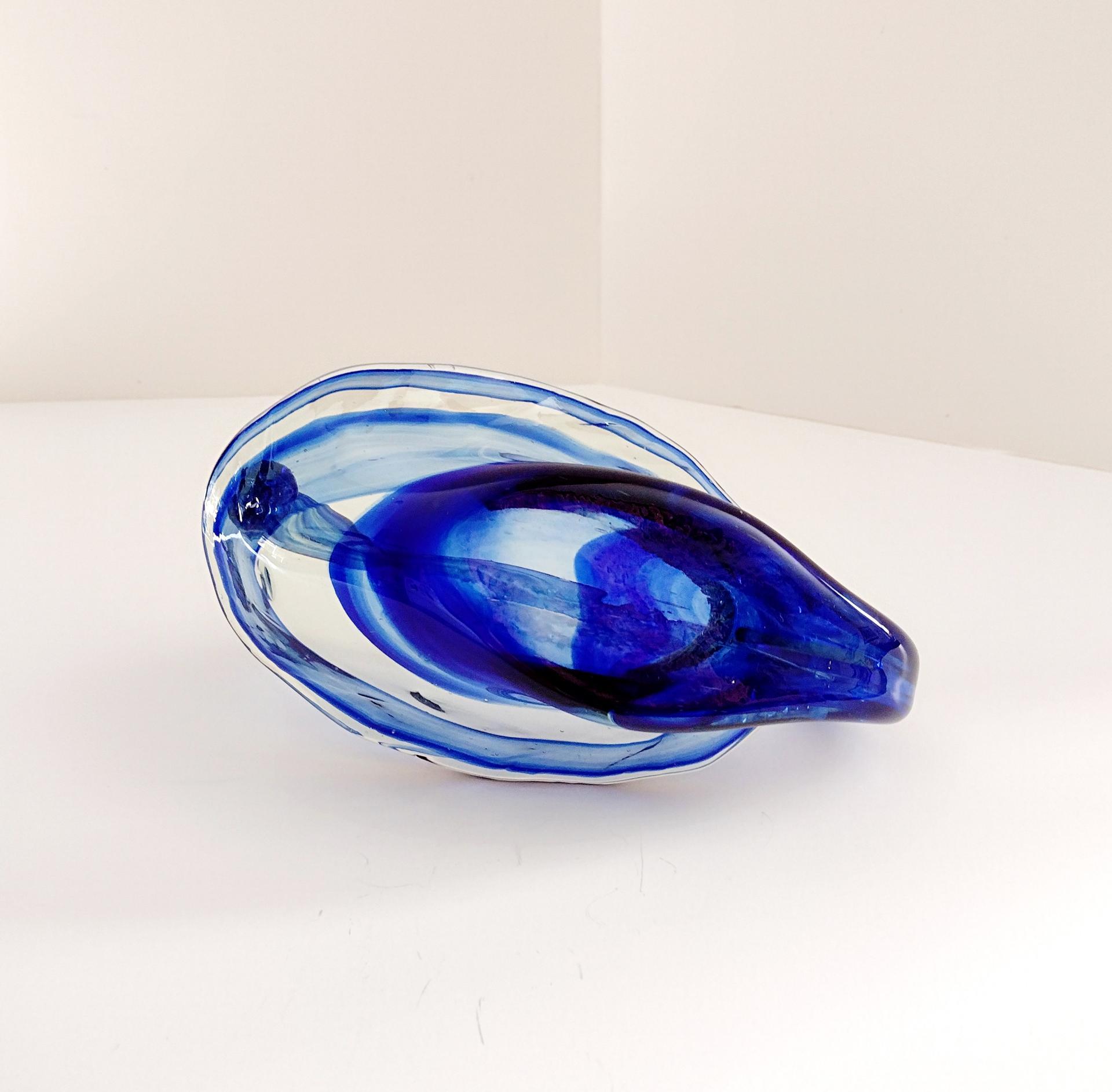 Vintage Blown Glass Basket Bowl, Blue and Clear Glass Jewelry Trinket Dish