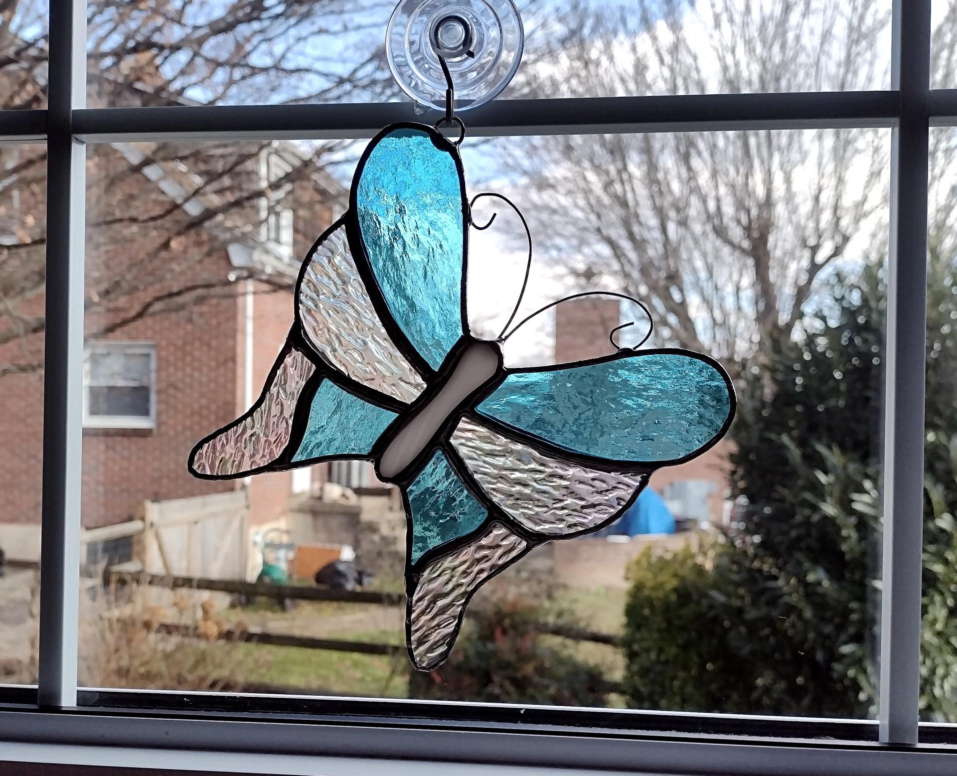 Stained Glass Butterfly Suncatcher, Aqua Blue and Iridescent Clear Cathedral Glass, Custom Colors Available