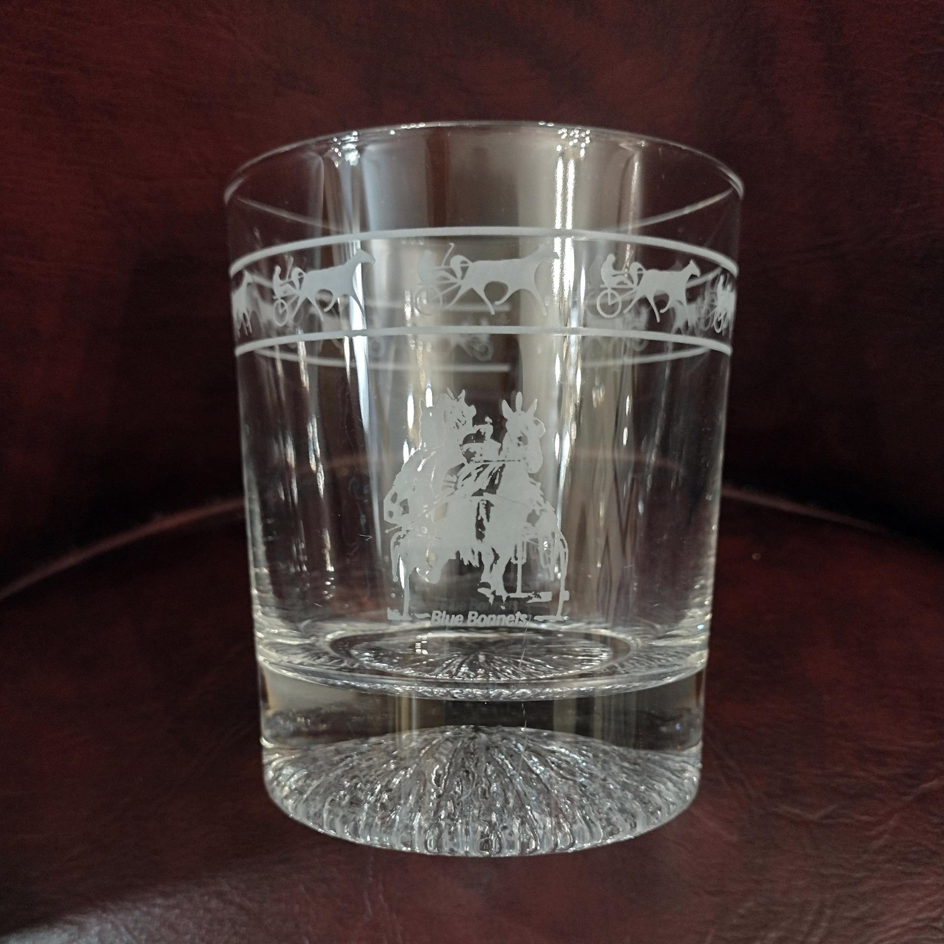 Set of Two Vintage Blue Bonnets Raceway Rocks Whiskey Glasses, Harness Racing / Horse Racing Collectible Memorabilia 
