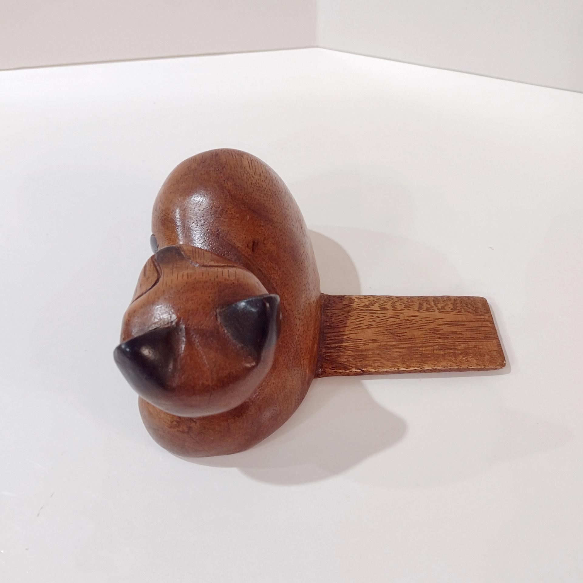 Hand Carved Wooden Sleeping Cat Book End Shelf Sitter, Cat Nap Kitten Figurine