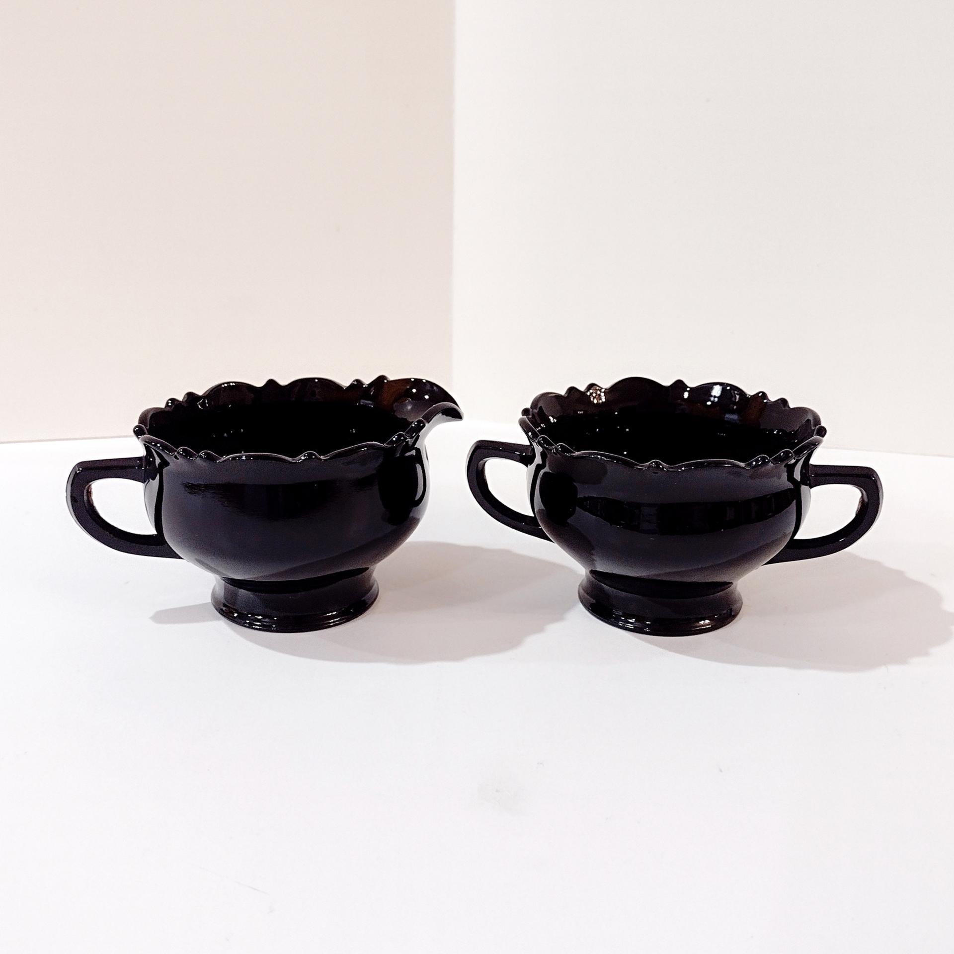 Vintage L.E. Smith Mt. Pleasant Black Amethyst Glass Footed Creamer and Open Sugar Bowl Set, Black Amethyst Depression Glass