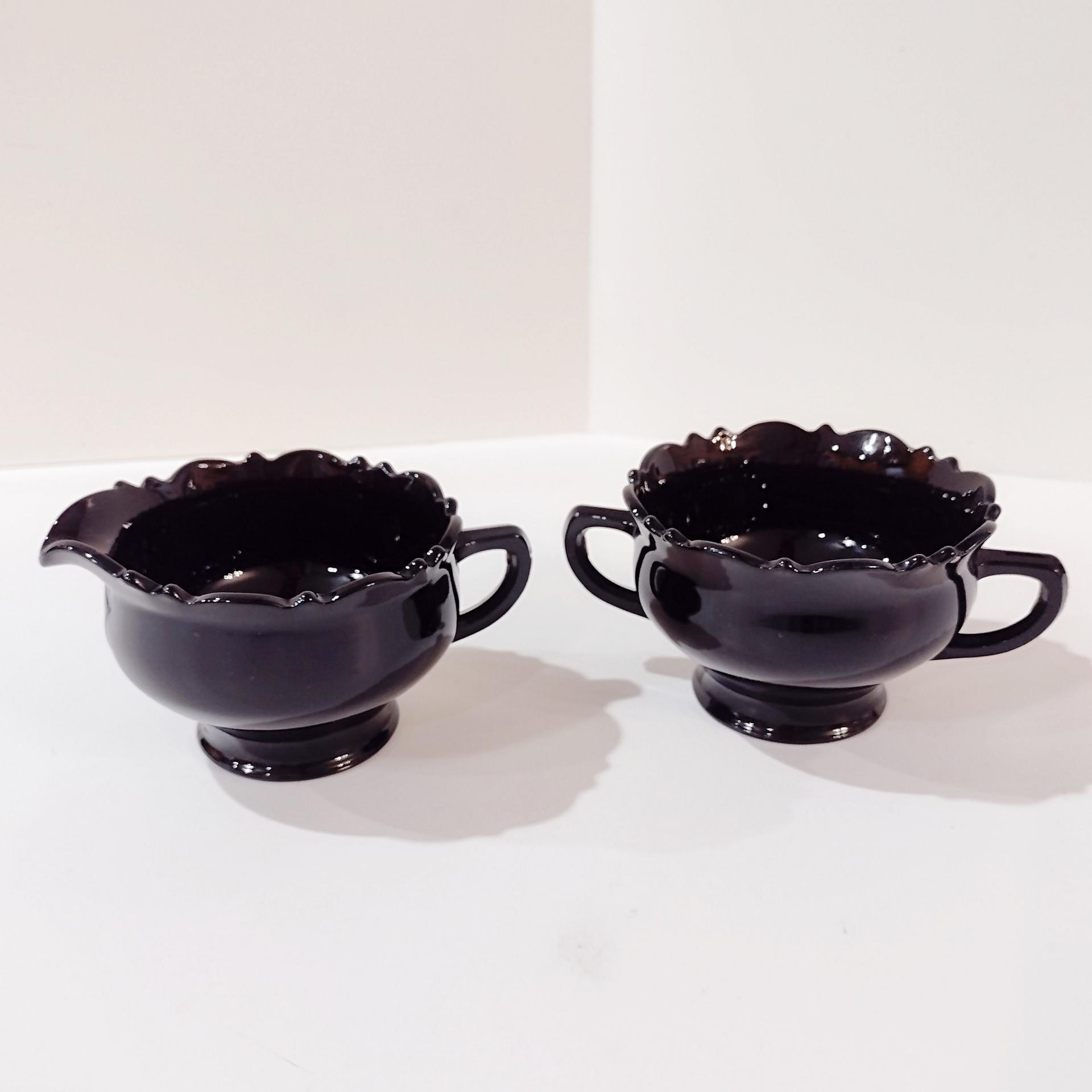 Vintage L.E. Smith Mt. Pleasant Black Amethyst Glass Footed Creamer and Open Sugar Bowl Set, Black Amethyst Depression Glass