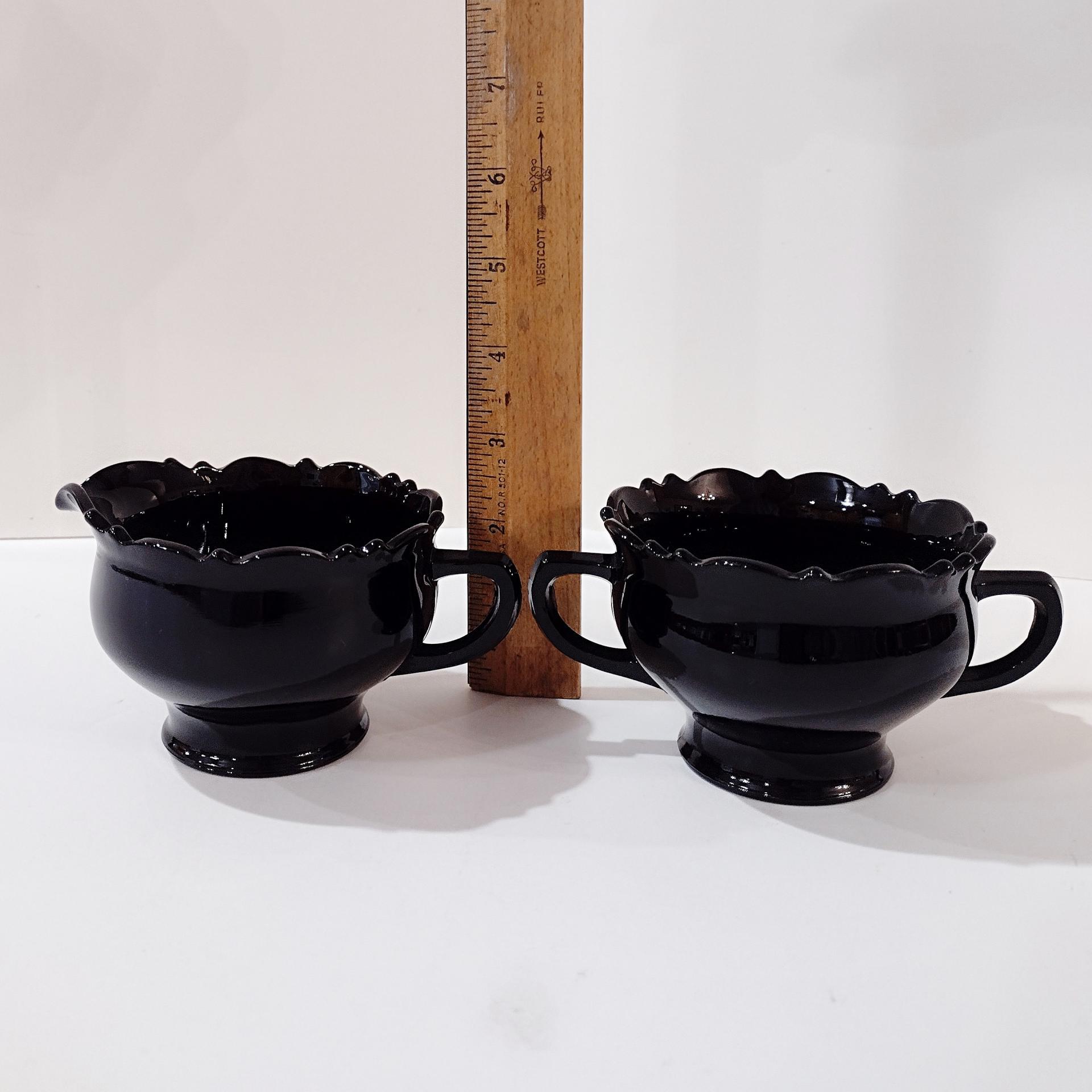 Vintage L.E. Smith Mt. Pleasant Black Amethyst Glass Footed Creamer and Open Sugar Bowl Set, Black Amethyst Depression Glass