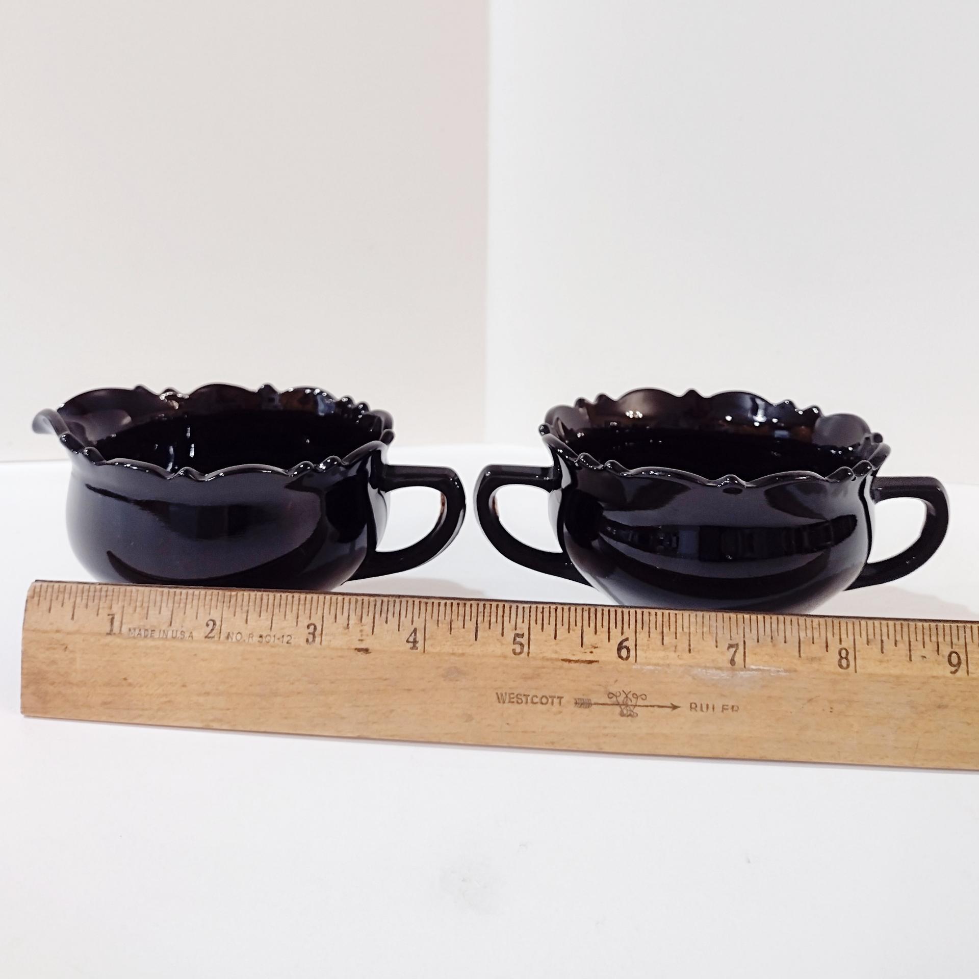 Vintage L.E. Smith Mt. Pleasant Black Amethyst Glass Footed Creamer and Open Sugar Bowl Set, Black Amethyst Depression Glass