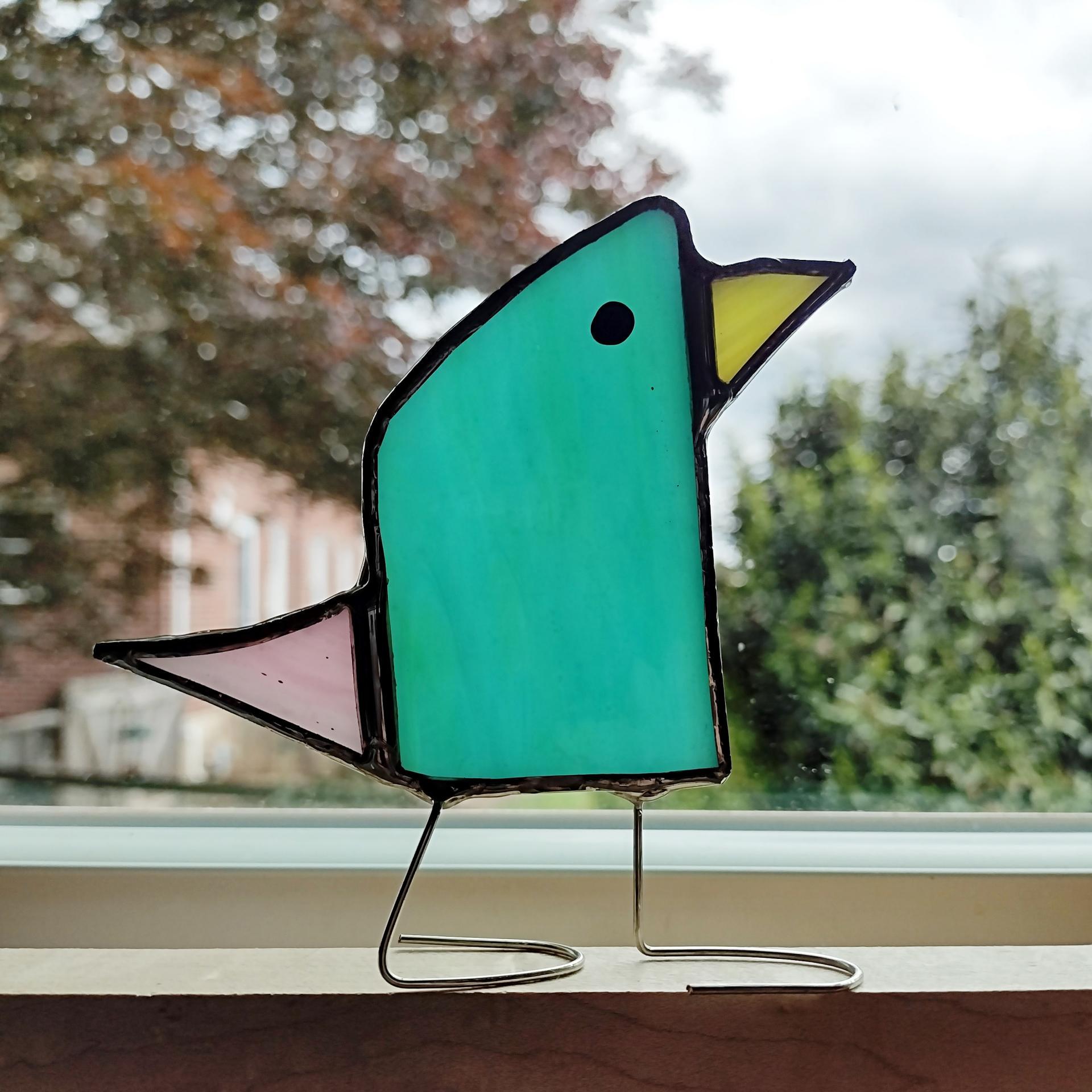 Stained Glass Standing Bird, Funky Glass Bird, Blue and Pink Bird Suncatcher