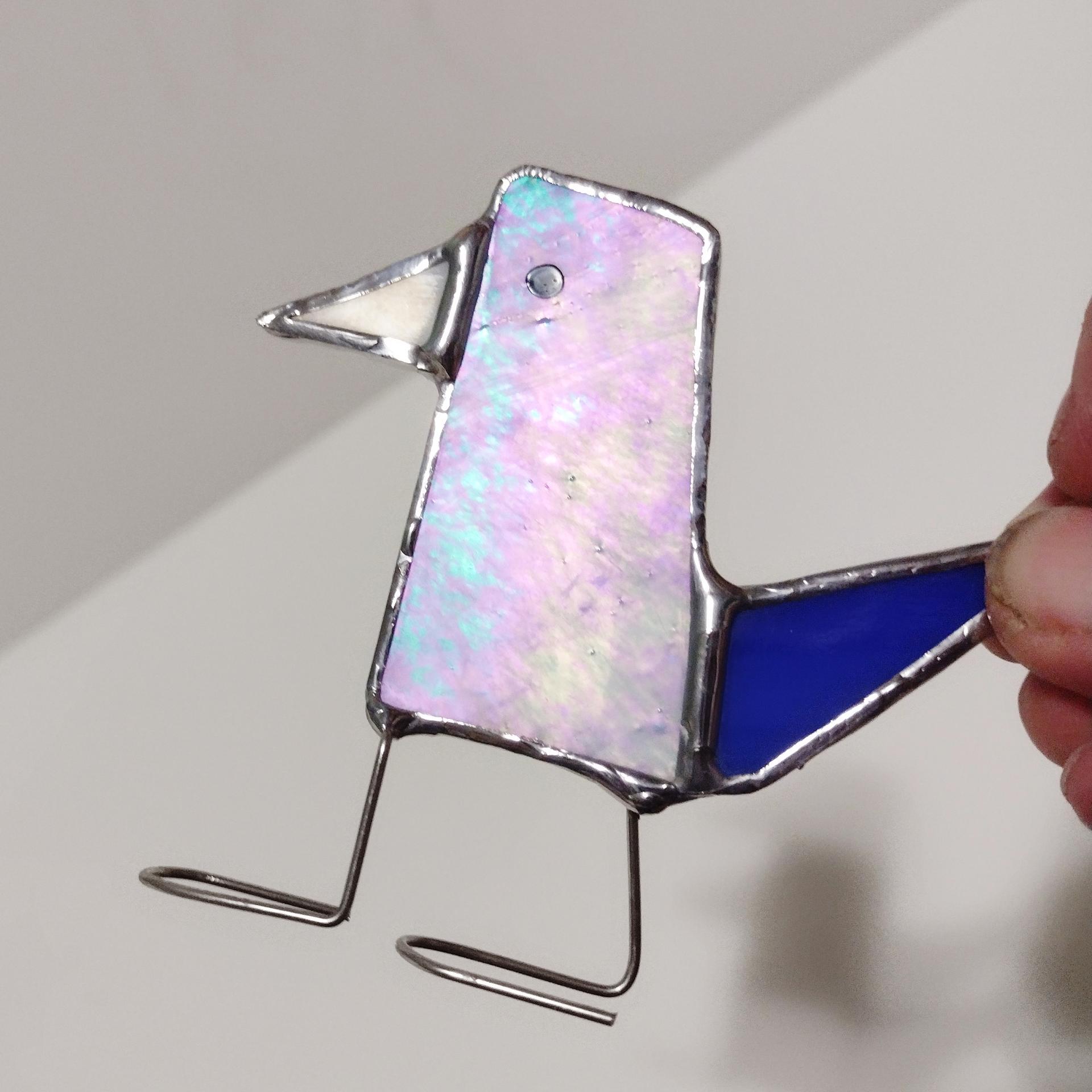 Stained Glass Standing Bird, Funky Blue Iridescent Glass Bird Suncatcher