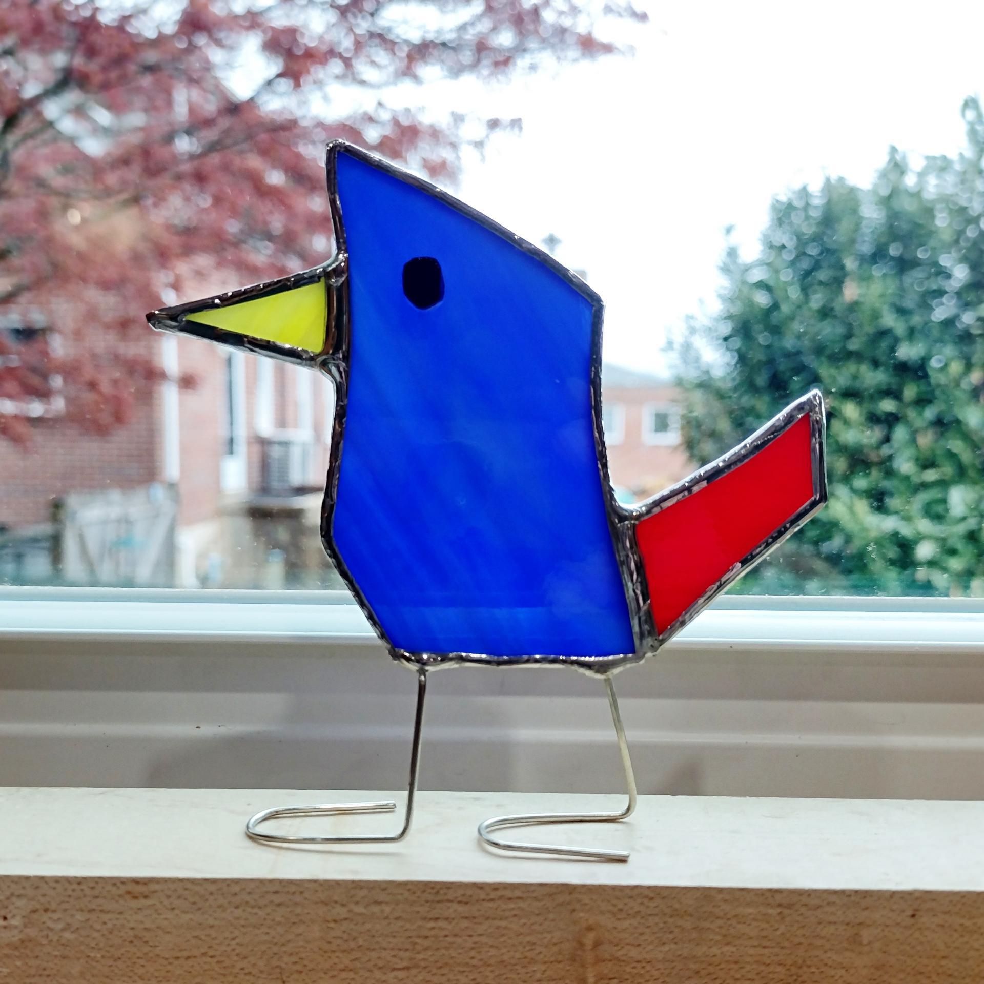 Stained Glass Standing Bird, Funky Glass Bird, Blue Bird Suncatcher