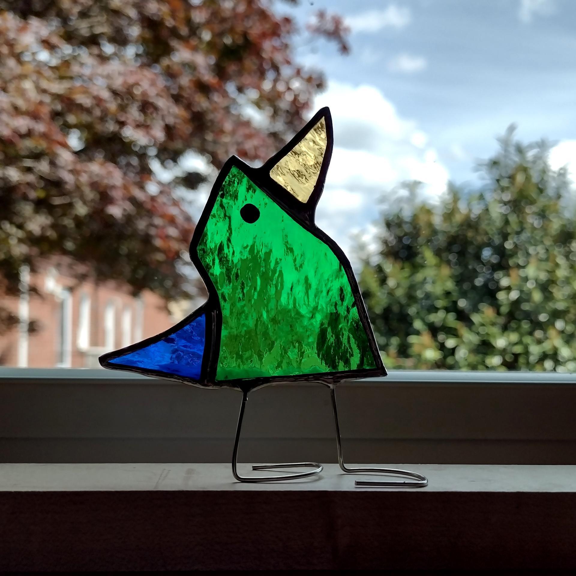 Stained Glass Standing Bird, Funky Glass Bird, Green and Blue Bird Suncatcher
