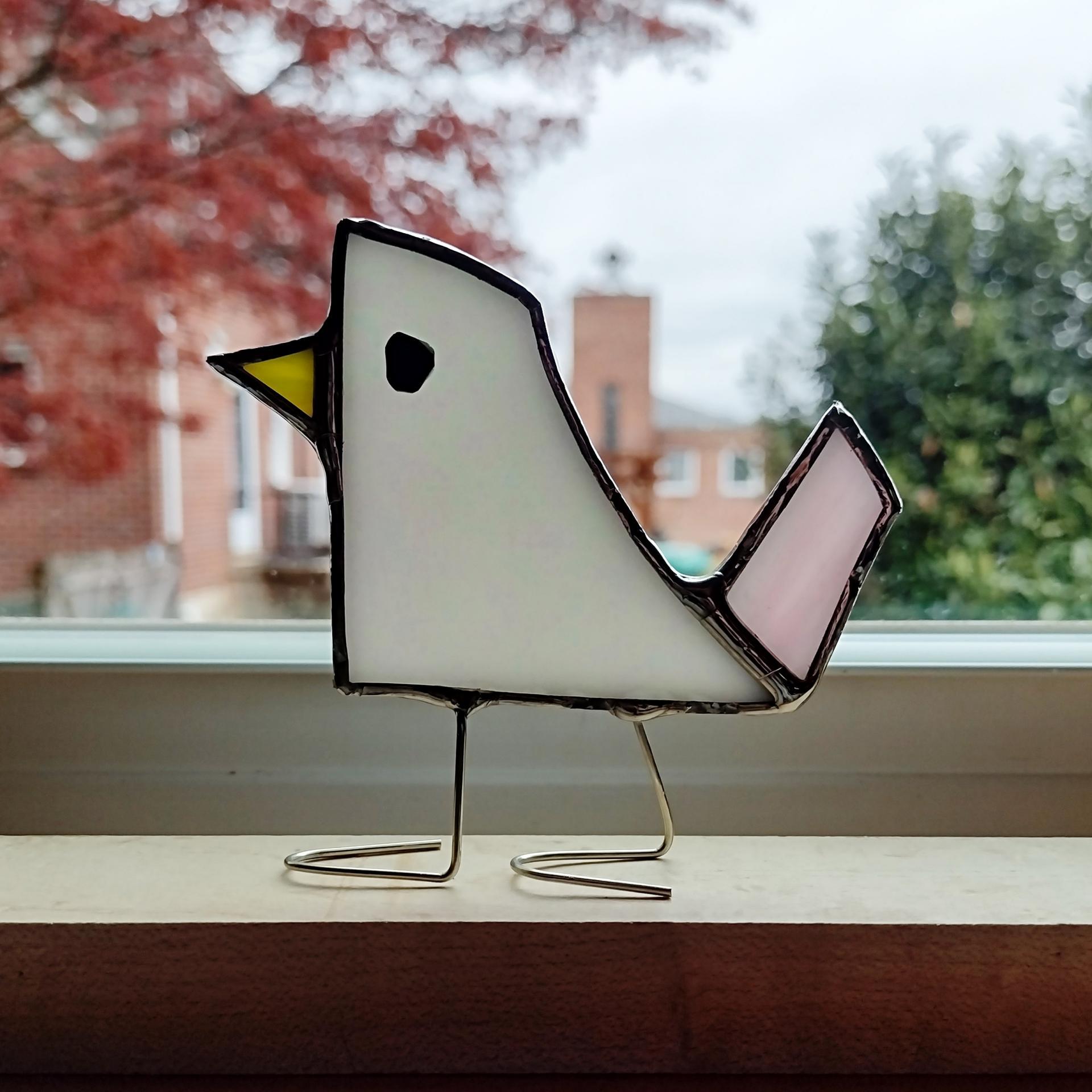 Stained Glass Standing Bird, Funky Glass Bird, White Iridescent Bird Suncatcher